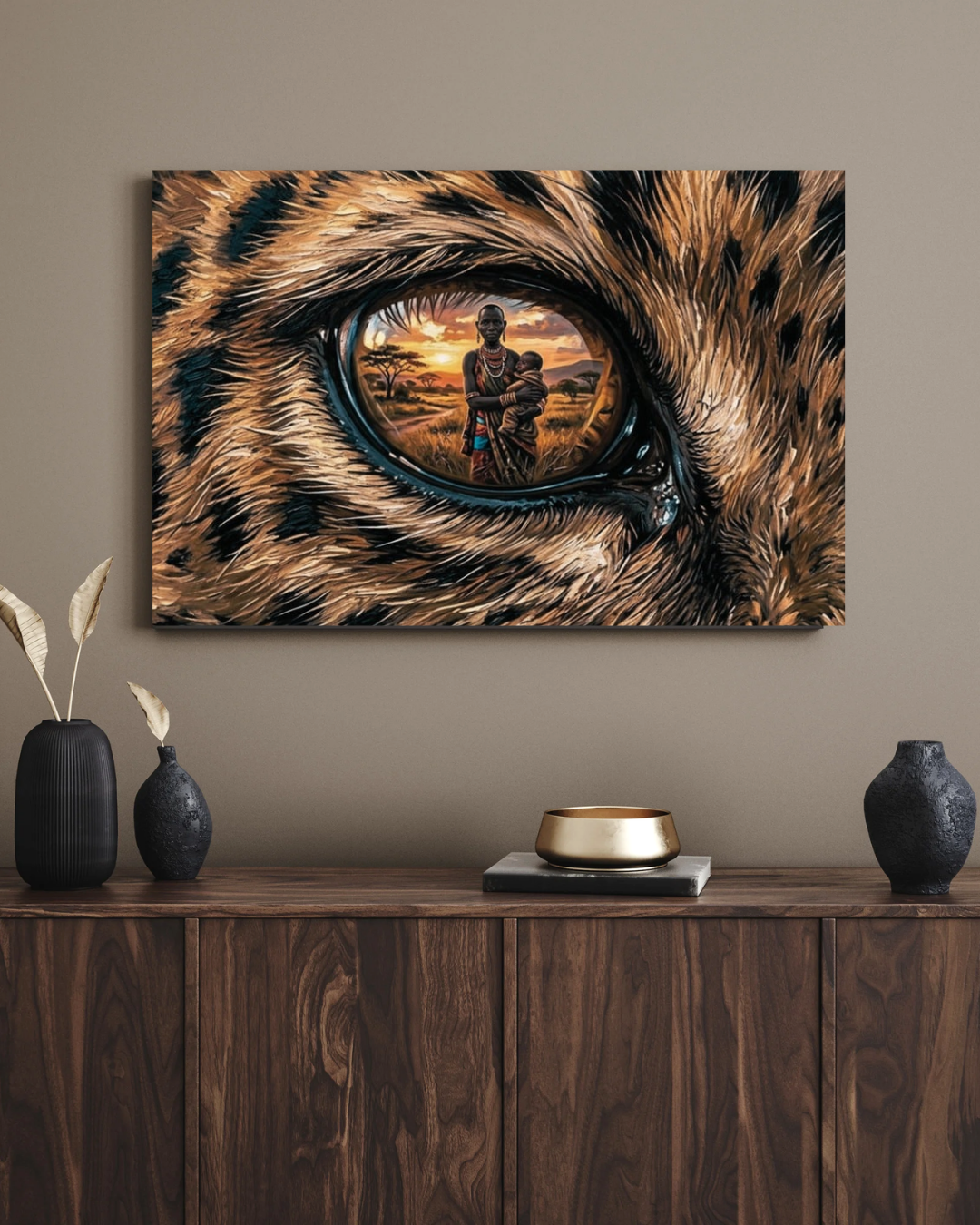 Leopard and African Tribal Mother with Baby – Emotional Wildlife Wall Art, Cultural Digital Download”