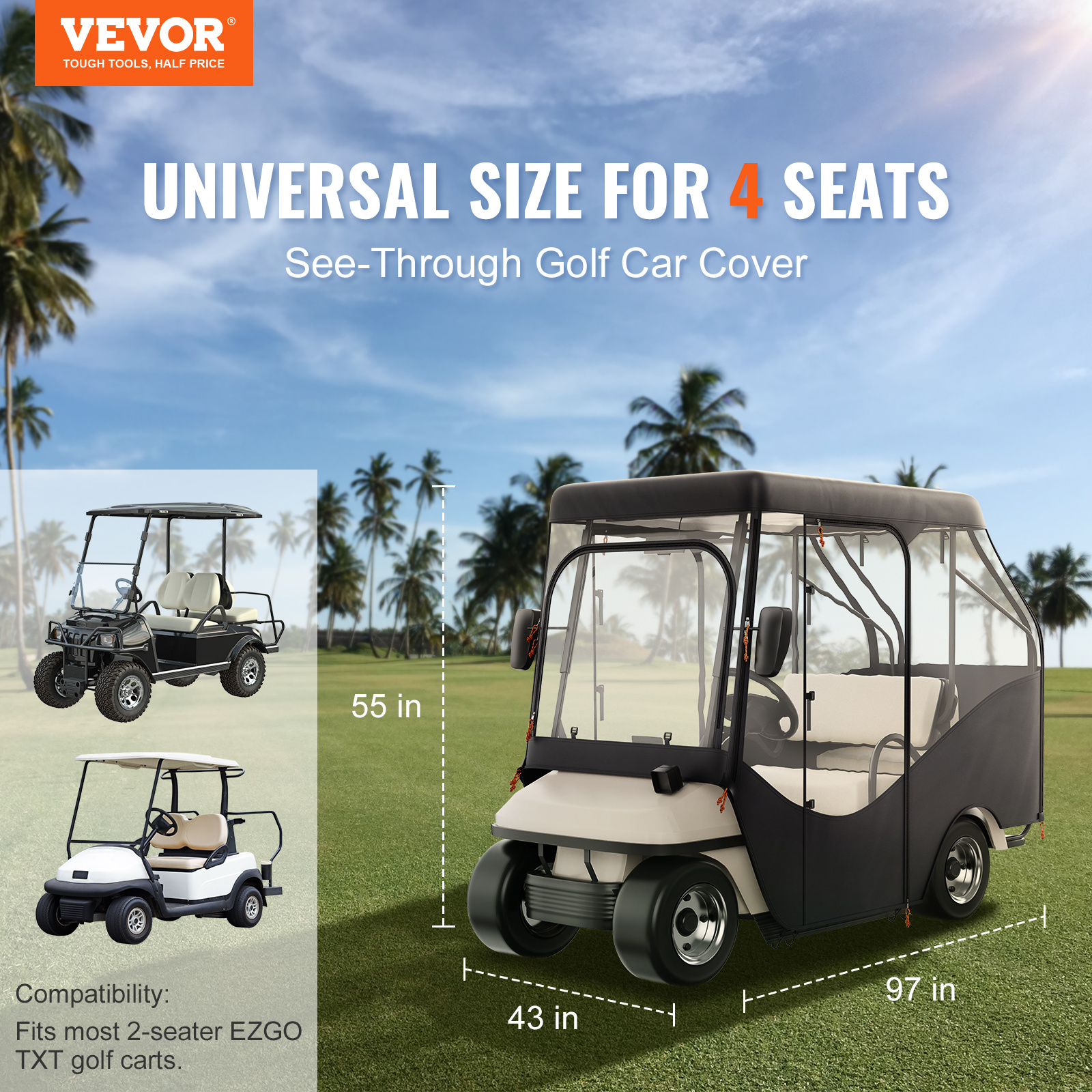 VEVOR Golf Cart Enclosure, 420D Polyester Driving Enclosure with 4-Sided Transparent Windows, 4 Passenger Club Car Covers Universal Fits for Most Brand Carts, Sunproof and Dustproof Outdoor Cart Cover - Image 4