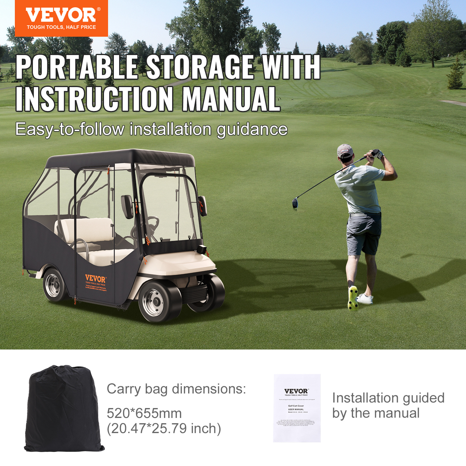 VEVOR Golf Cart Enclosure, 420D Polyester Driving Enclosure with 4-Sided Transparent Windows, 4 Passenger Club Car Covers Universal Fits for Most Brand Carts, Sunproof and Dustproof Outdoor Cart Cover - Image 9