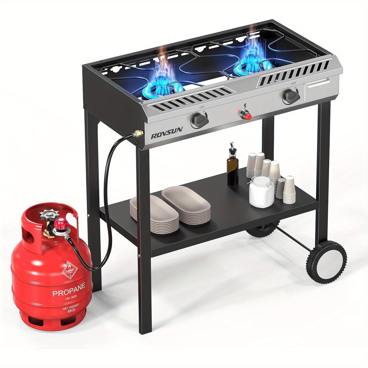2 Burner Outdoor Propane Gas Stove with Auto-ignition, Regulator & Shelf, 150, 000 BTU Powerful Stand Cooker for Backyard Patio Cooking Home Brewing Canning Turkey Frying - Image 4