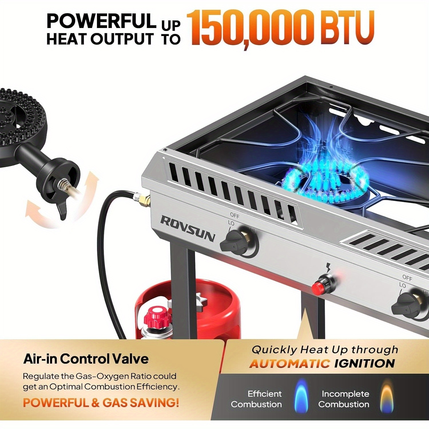 2 Burner Outdoor Propane Gas Stove with Auto-ignition, Regulator & Shelf, 150, 000 BTU Powerful Stand Cooker for Backyard Patio Cooking Home Brewing Canning Turkey Frying - Image 5