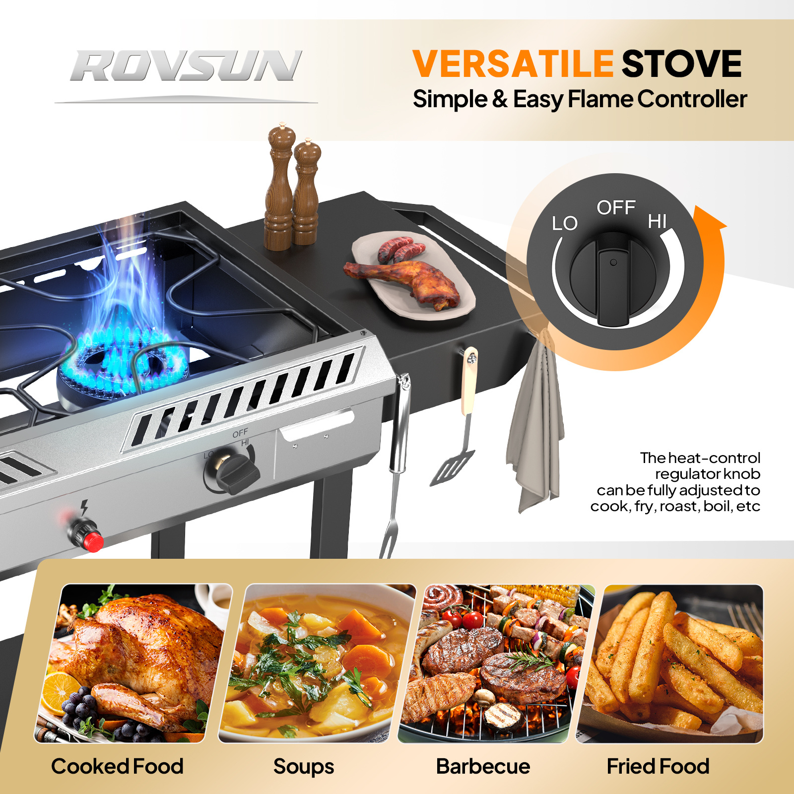 2 Burner Outdoor Propane Gas Stove with Auto-ignition, Regulator & Shelf, 150, 000 BTU Powerful Stand Cooker for Backyard Patio Cooking Home Brewing Canning Turkey Frying - Image 2