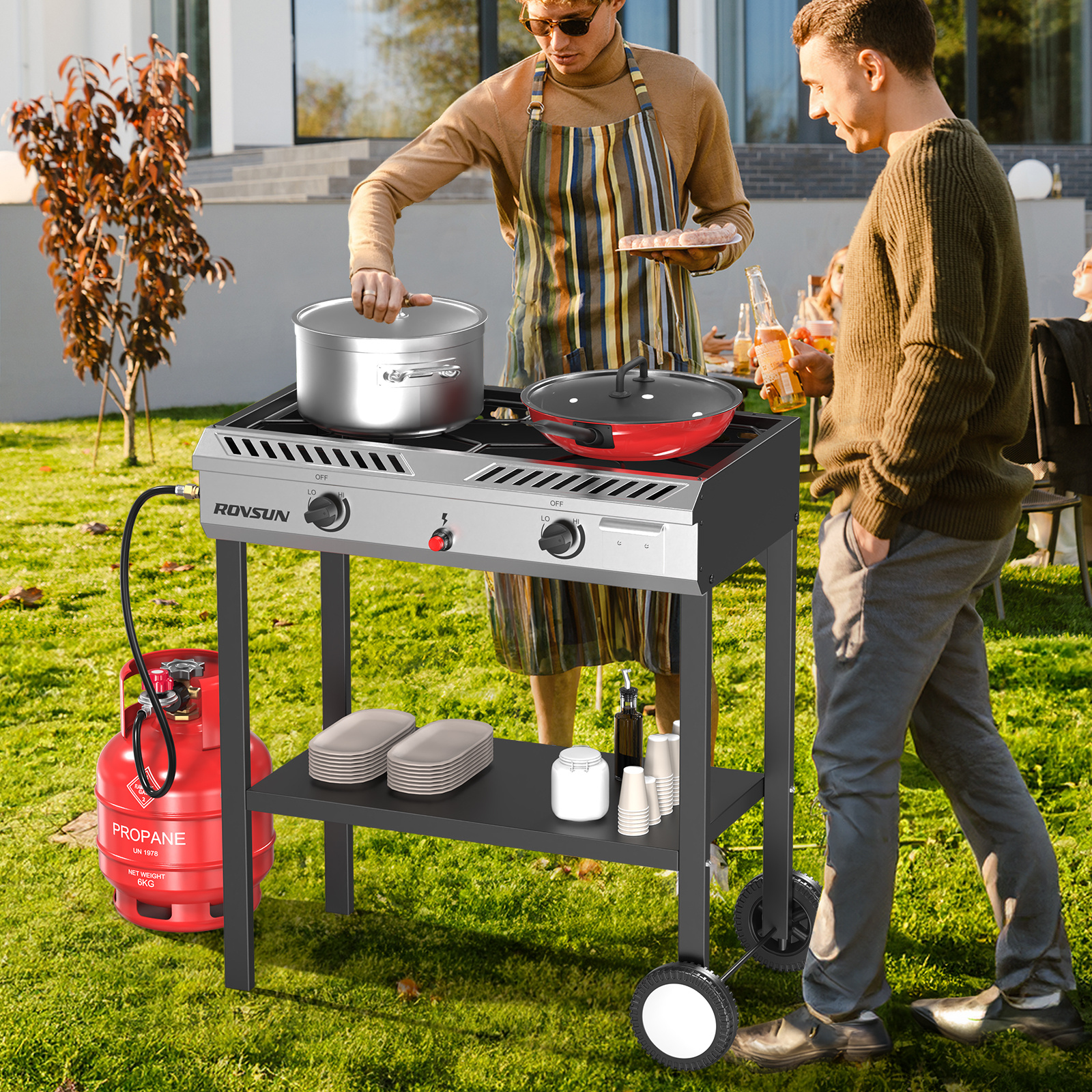 2 Burner Outdoor Propane Gas Stove with Auto-ignition, Regulator & Shelf, 150, 000 BTU Powerful Stand Cooker for Backyard Patio Cooking Home Brewing Canning Turkey Frying