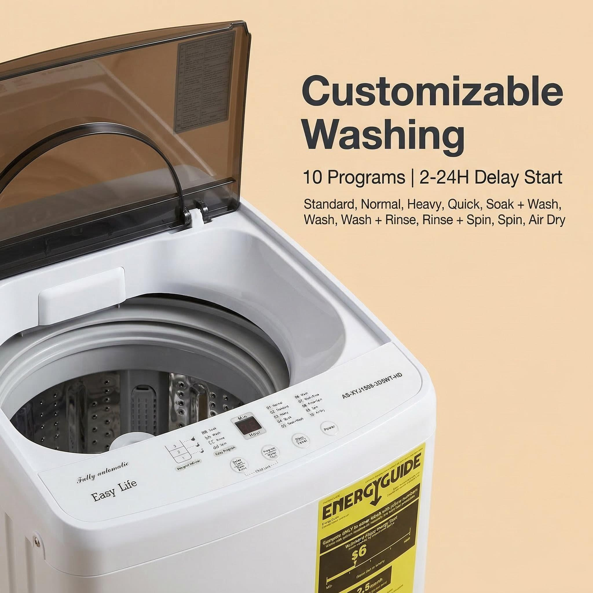 1.06 Cu. Ft. Portable Washing Machine, 7.7 lb. Capacity Compact Washer - 10 Wash Cycles with translucent Lid, Quick Connect Adapter & Drain Hose - Ideal for Apartments, Homes - Image 2