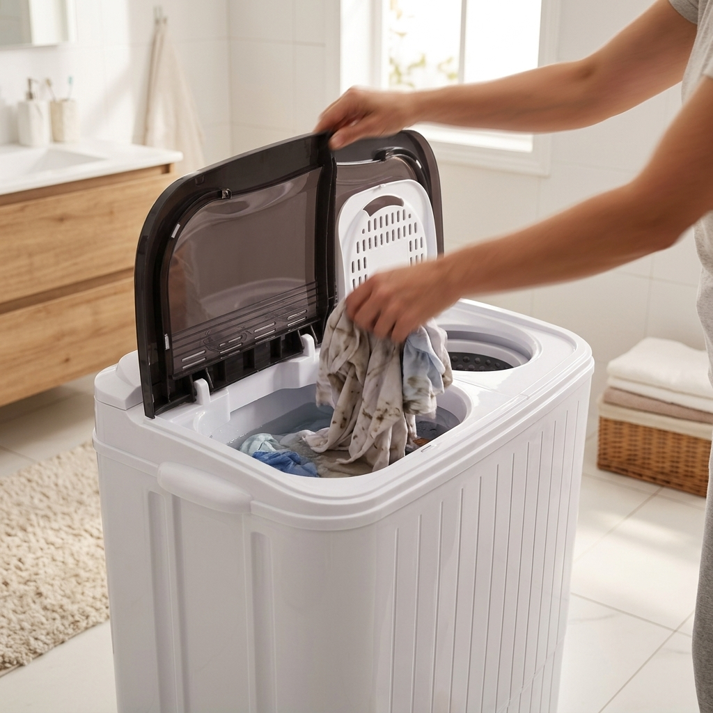 Portable Washing Machine 14.3lbs Capacity 110V Semi Automatic Dual Tub with Drain Pump Grey Lid Ripple Design Top Load Chrome Square 0 26 2 64gal US Plug Laundry Appliance Modern Durable Plastic Body - Image 3