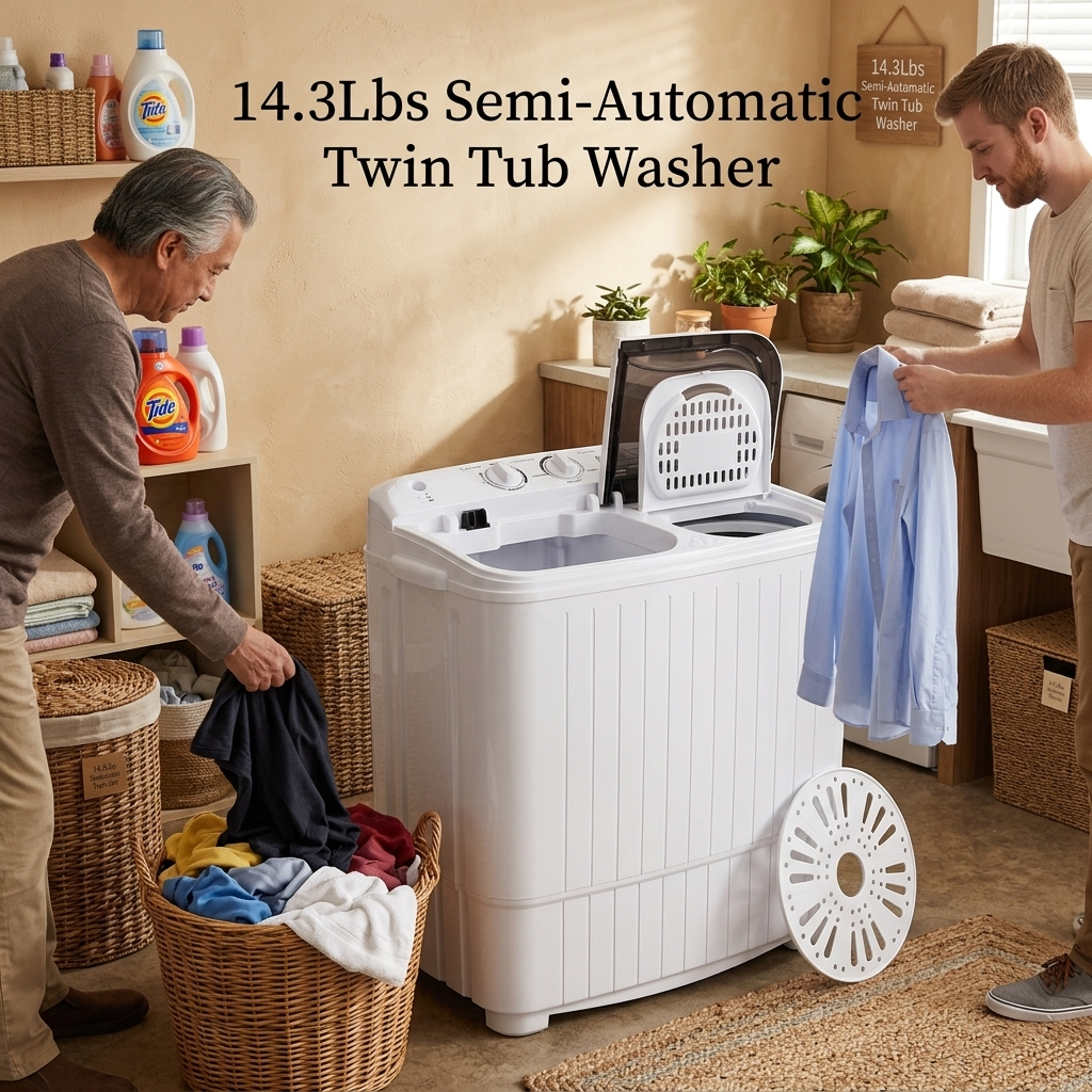 Portable Washing Machine 14.3lbs Capacity 110V Semi Automatic Dual Tub with Drain Pump Grey Lid Ripple Design Top Load Chrome Square 0 26 2 64gal US Plug Laundry Appliance Modern Durable Plastic Body - Image 2