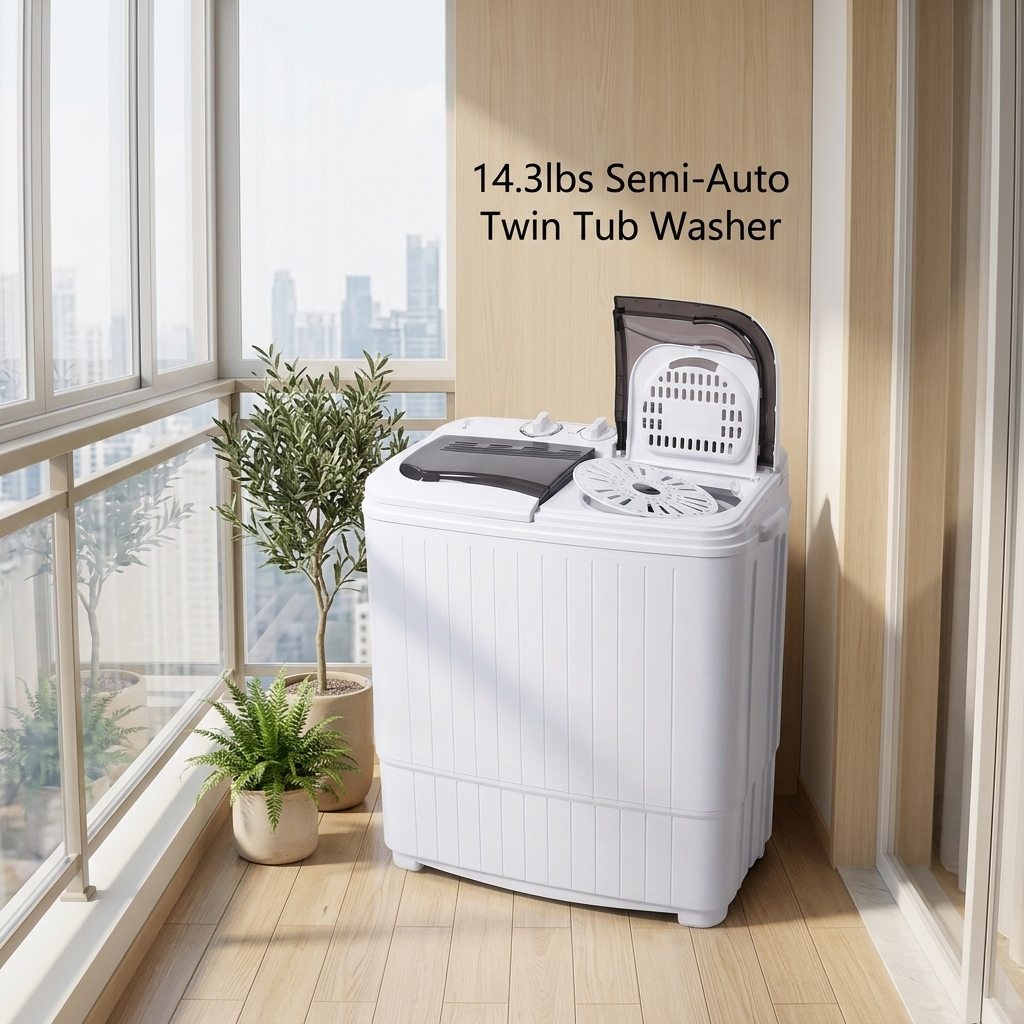Portable Washing Machine 14.3lbs Capacity 110V Semi Automatic Dual Tub with Drain Pump Grey Lid Ripple Design Top Load Chrome Square 0 26 2 64gal US Plug Laundry Appliance Modern Durable Plastic Body - Image 4