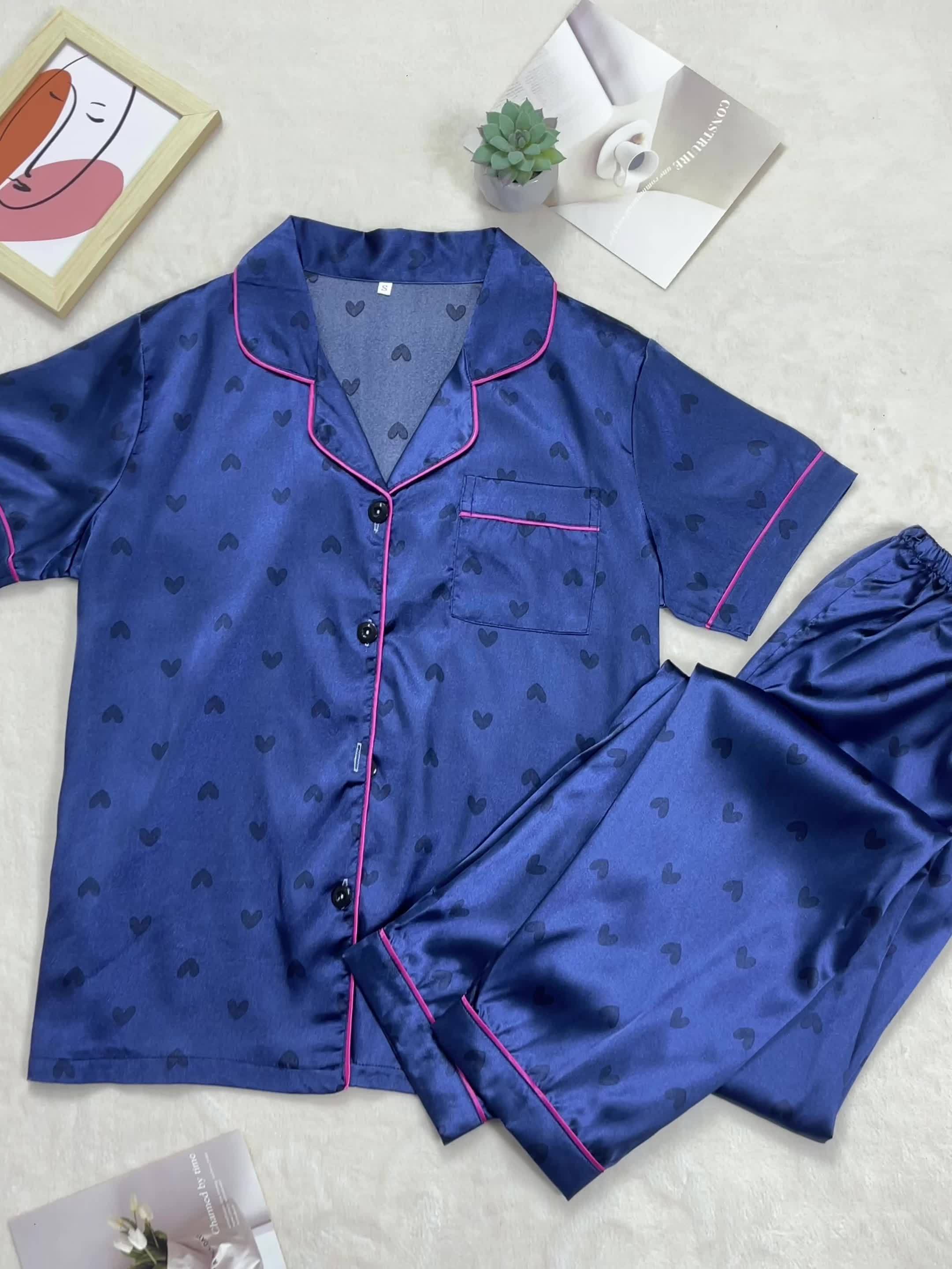2026 Women'S Navy Blue Satin Pajama Set with Heart Pattern - Short Sleeve, Button-Up, Wide-Leg Lounge Wear, All-Season Comfort, Casual Sleepwear|Elegant Sleepwear|Polyester Fabric Game Day Pajamas, Football Fan Gear, Perfect for All Fans on Match Day - Image 6