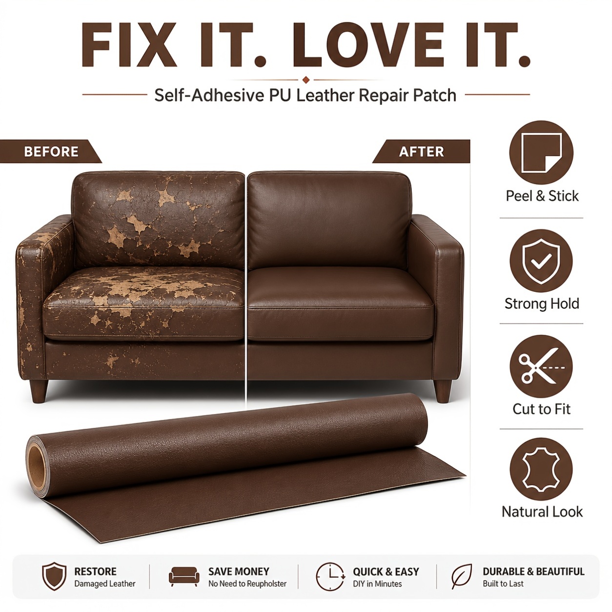 1 Roll Self-Adhesive Leather Repair Patches, Multicolor Leather Sofa Repair, Car Seat Damage Repair Stickers, Thickened Wear-Resistant And Freely Cuttable, Self-Adhesive Backing Suitable for Leather Sofas, Chairs, Headboards