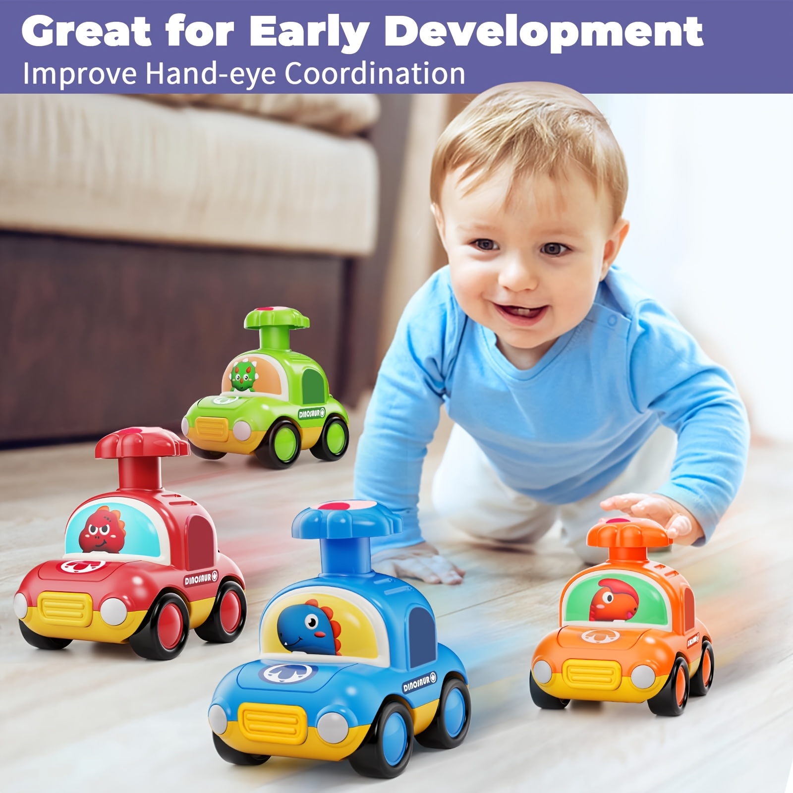 Push & Go Dinosaur Taxi Car - Manual Pull-Back Friction Motorized Toy Vehicle, No Batteries Needed, for Toddlers & Kids Ages 18 Months+, Birthday/Christmas/Easter Gift (Red, Green, Blue, Yellow,) - Develops Motor Skills & Coordination, Toddler Play Cars, Dinosaurthemed Cars, Nonelectric Cars - Image 2