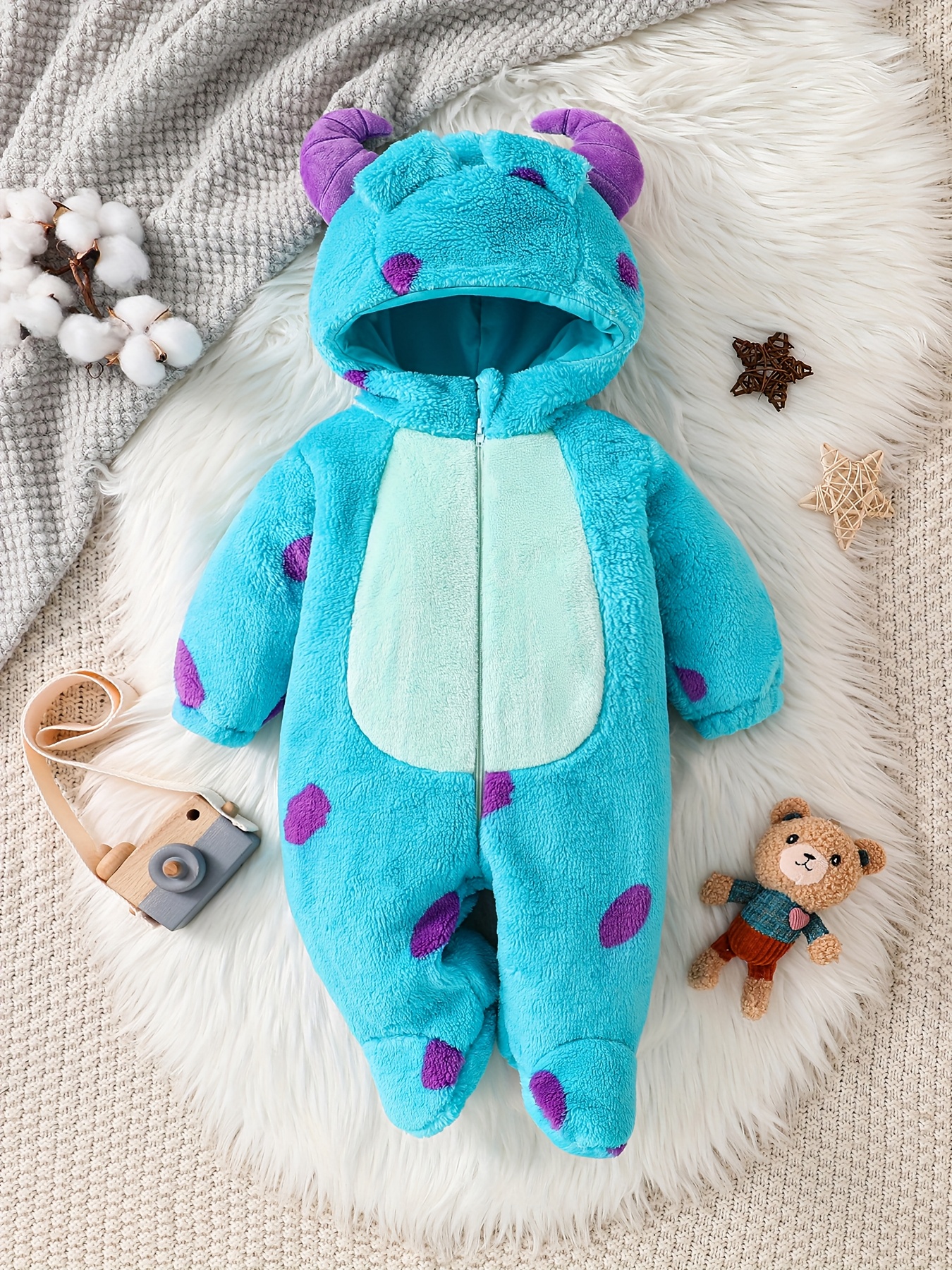 Cute Plush Onesie for Baby Girls with Footed Design, Perfect for Autumn And Winter, Featuring a Cartoon Monster Theme Inspired by Sulley for Warmth And Comfort, for Outdoor - Image 5
