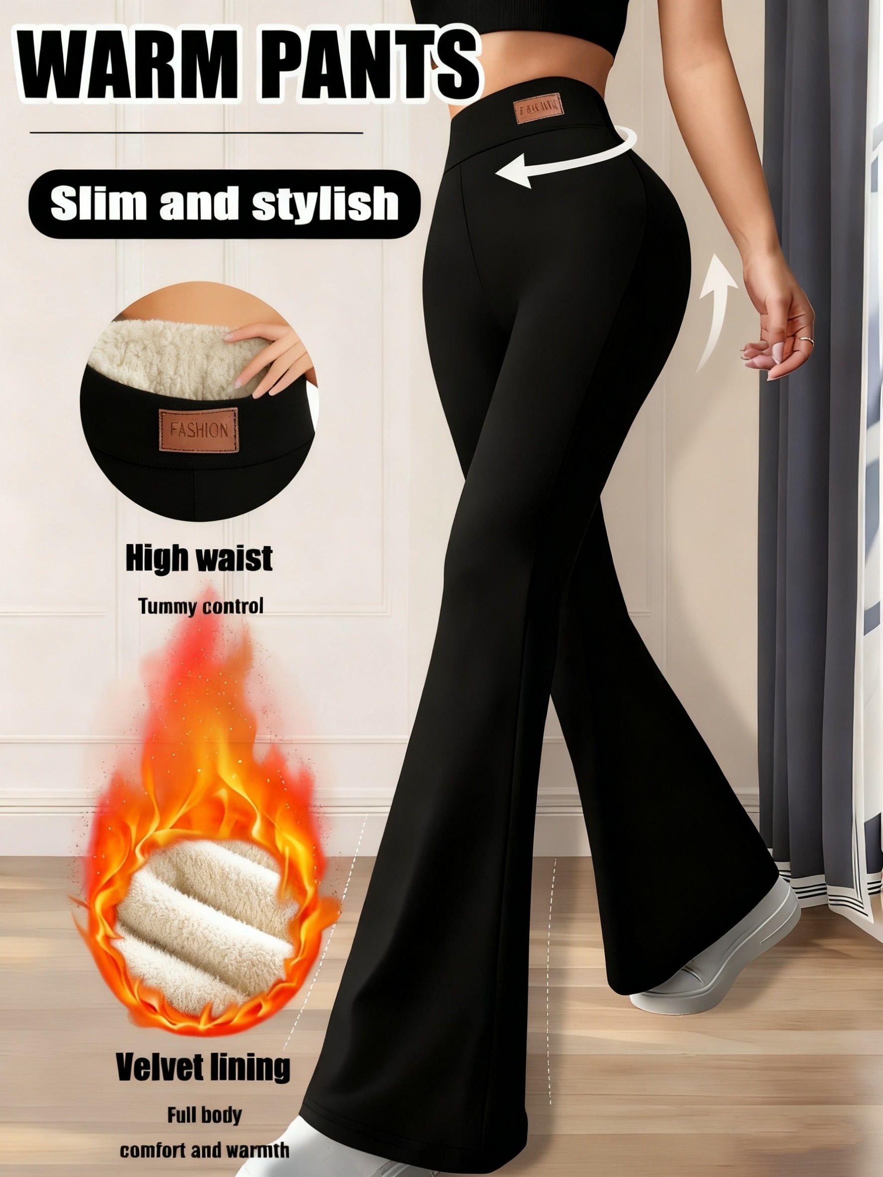Autumn And Winter Models, Solid Color Women'S High-Waisted Thermal Pants, Plus Velvet Thickened Base Pants, Winter Plush Flared Pants, Women'S Sportswear Tight Pants - Image 3