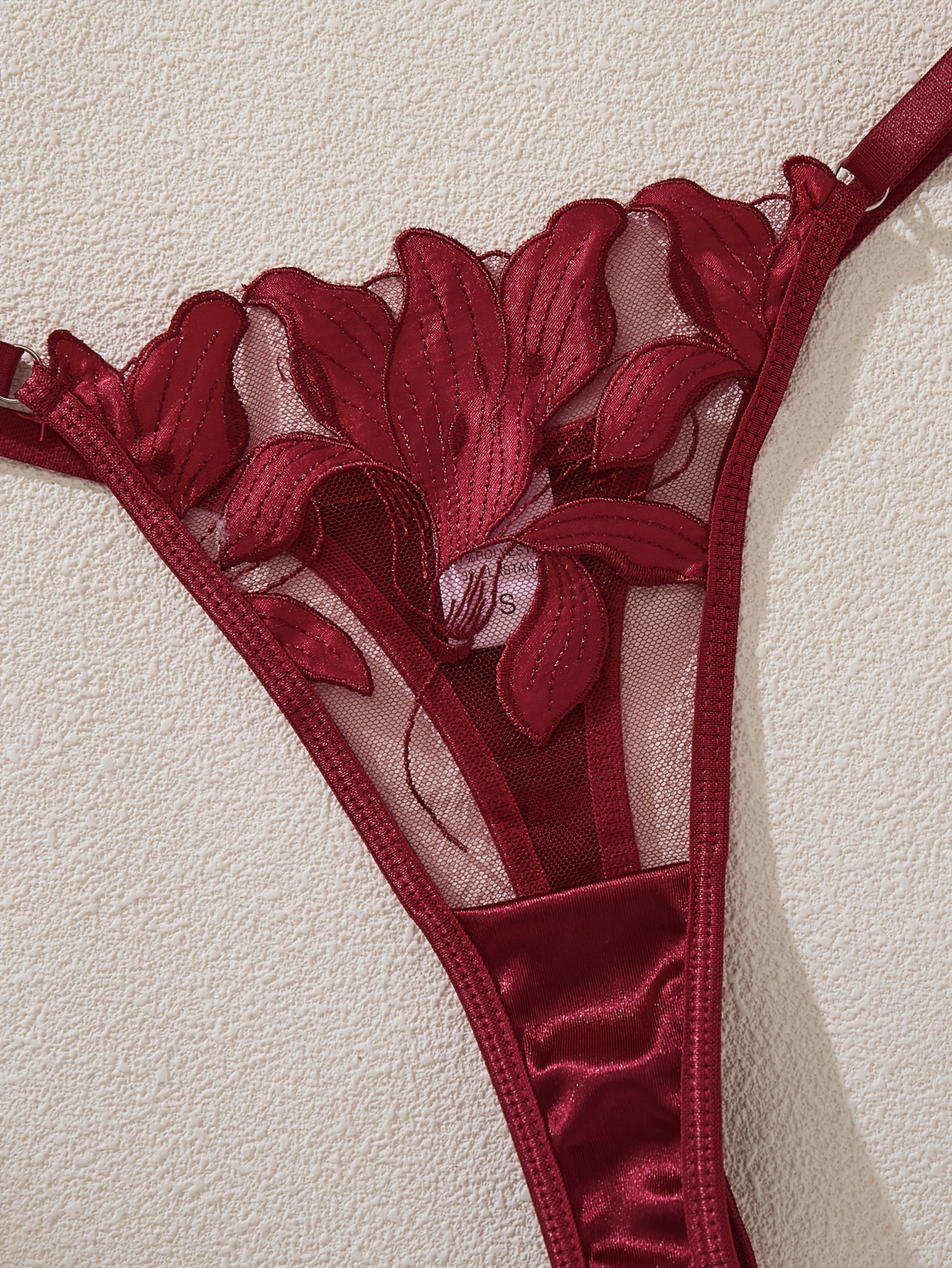 Women's Wine Red Floral Embroidered Sexy Lingerie Set, Embroidery, Medium Support, Single-Layer Sheer Underwire Bra and Adjustable Thong, Stylish and Elegant Bra and Panty Set, Fashionable Women's Breathable Underwear, Daily Bra Set - Image 7