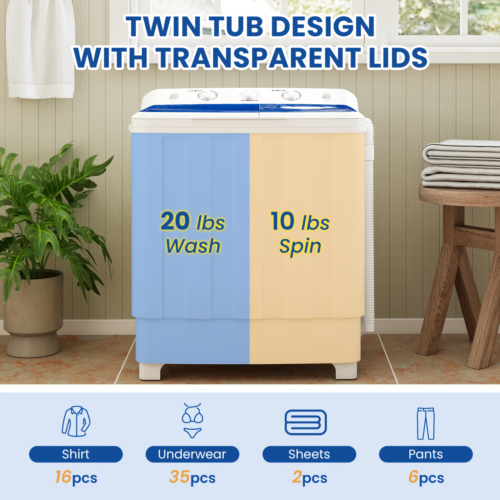 30Lbs Portable Washing Machine, Semi-automatic Compact Twin Tub Laundry Washer with Built-in Drain Pump, Time Control, 20Lbs Washer And 10Lbs Spin Dryer Combo for Apartments, Dorms, RVs - Image 5