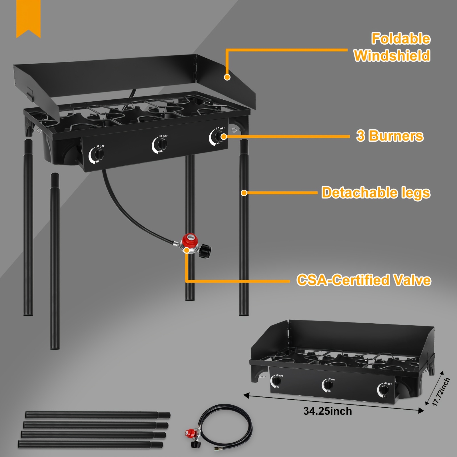 Cast Iron Outdoor Gas Stove | Portable Propane Cooktop with Blue Flame Control, Removable Legs, Temperature Control Knobs, Wind Panel, Hose, Regulator & Storage Carry Case - Image 7