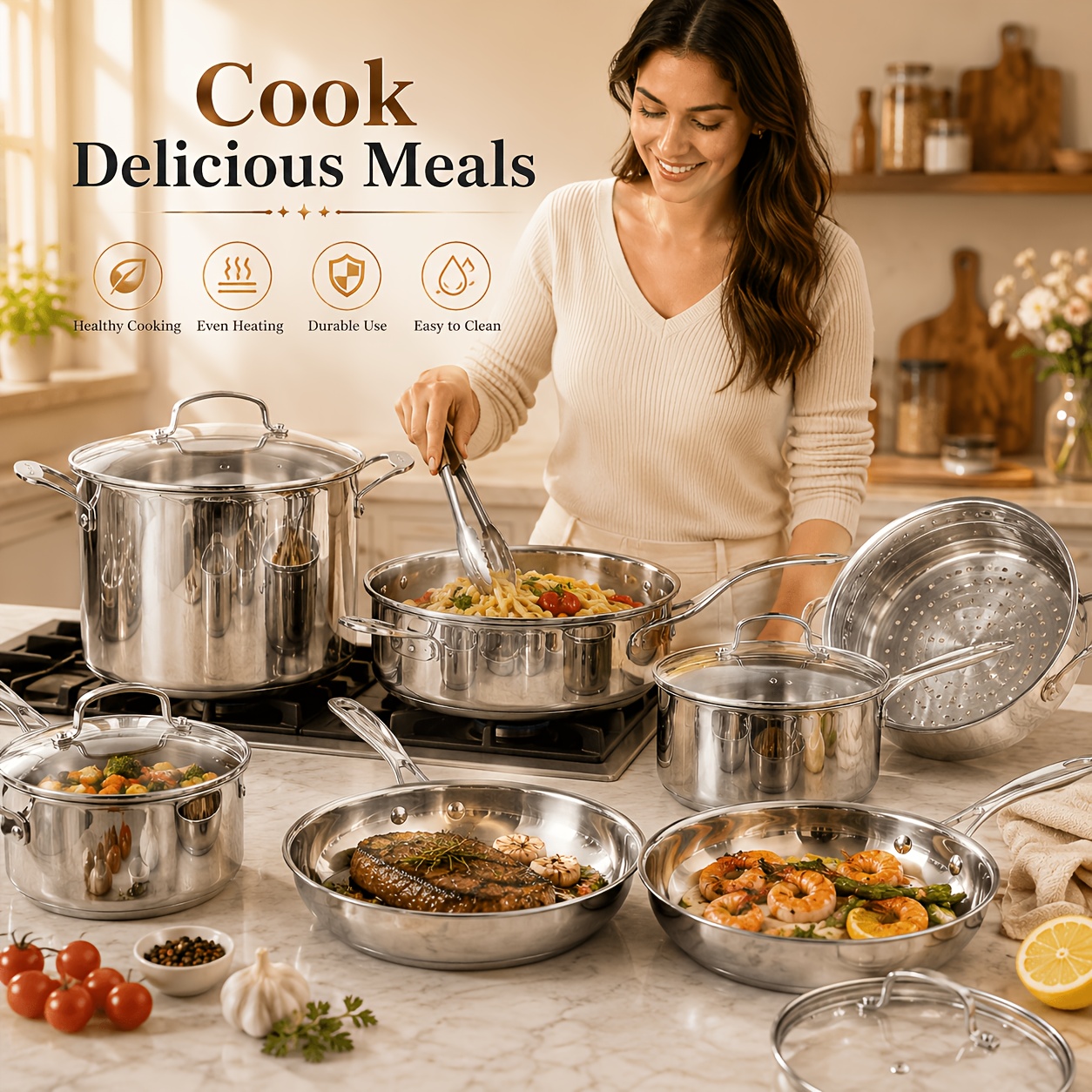 11pcs Stainless Steel Pots And Pans Set, Non-Toxic Kitchen Cookware Set with Glass Lids, Induction Compatible Cooking Set, Aluminum Core Fast Even Heating, Cool Touch Handles, Dishwasher Safe for Daily Cooking, Family Kitchen Essentials - Image 3