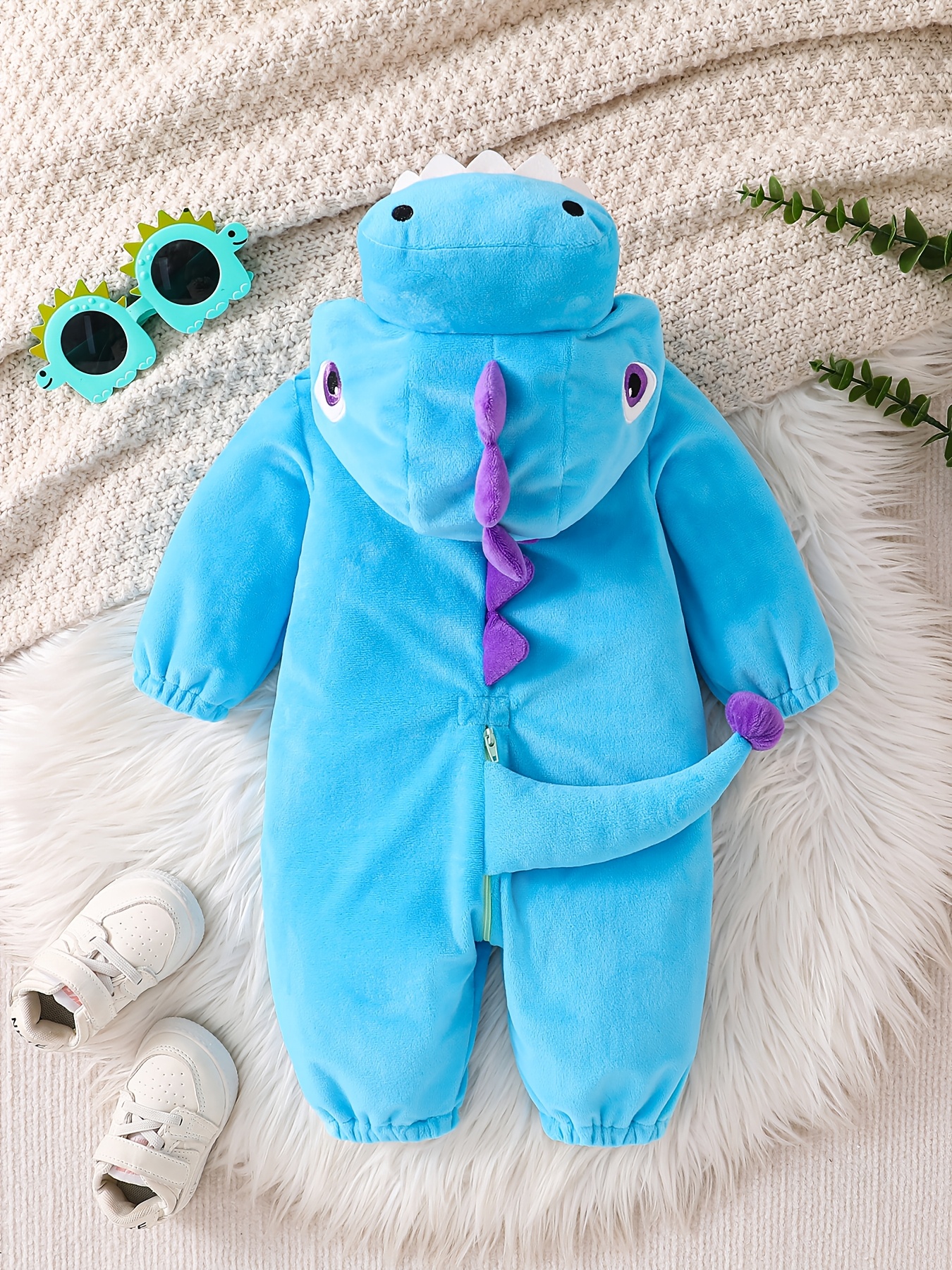 Autumn Winter Baby Warm Plush Romper, Cute Blue Purple Dinosaur Hooded Creeper with 3D Dorsal Fin Tail And Teeth Decoration, Unisex Blue Dinosaur Romper for Baby Outing Windproof Warm Bodysuit, Cute 3D Hooded Tail Warm Infant Crawling Outfit - Image 3