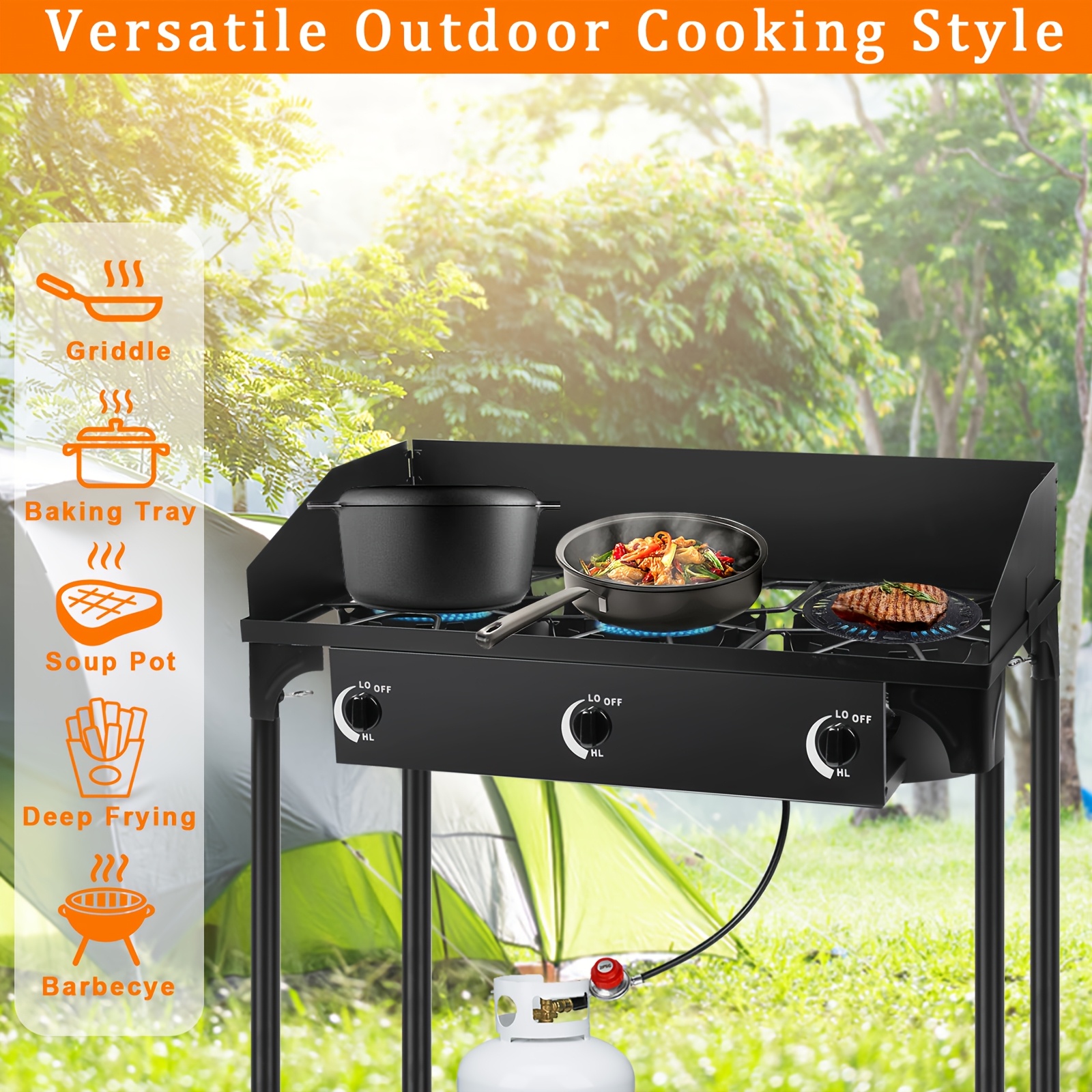 Cast Iron Outdoor Gas Stove | Portable Propane Cooktop with Blue Flame Control, Removable Legs, Temperature Control Knobs, Wind Panel, Hose, Regulator & Storage Carry Case - Image 4