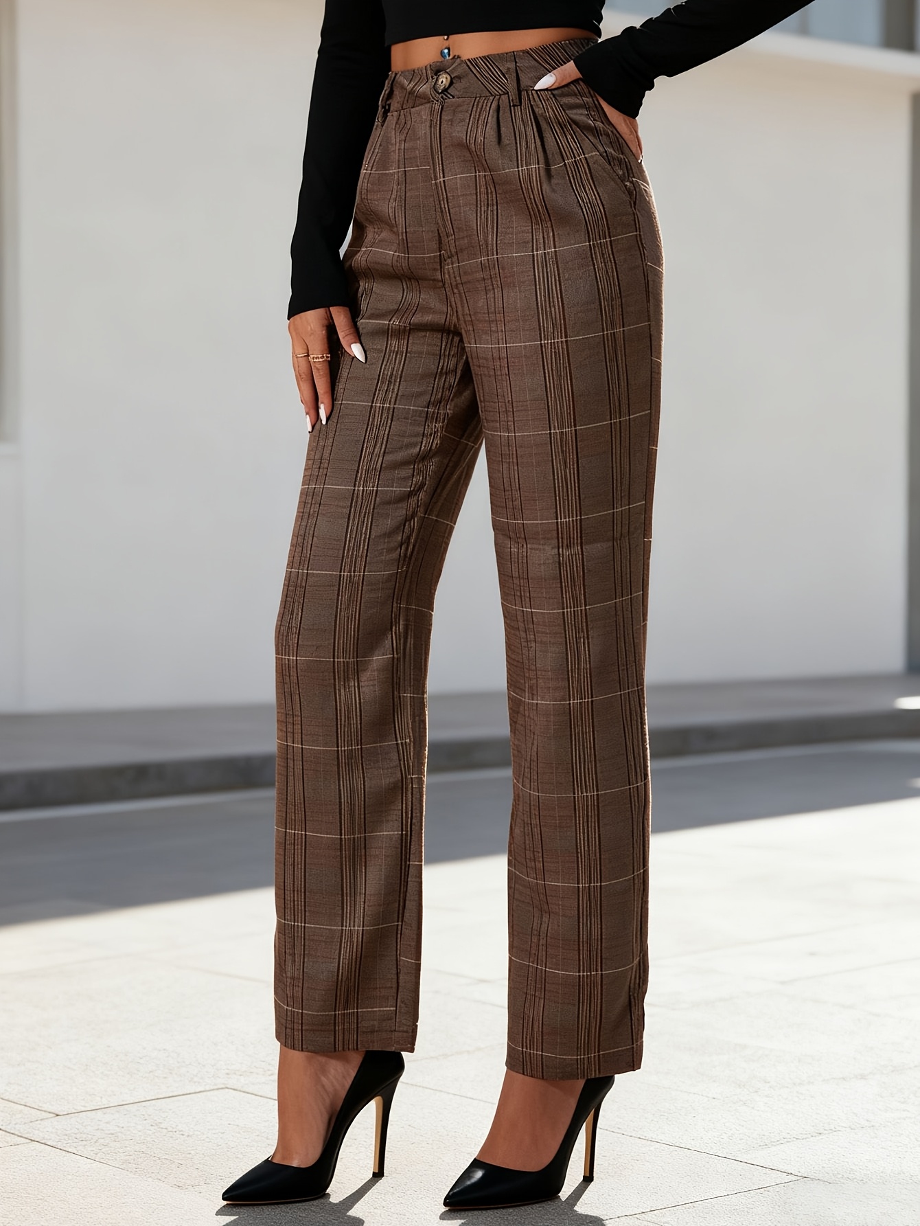 Coffee Brown Plaid Mid-Waist Dress Pants Women'S Formal Office Trousers Mid-Season Wardrobe Essential - Image 4