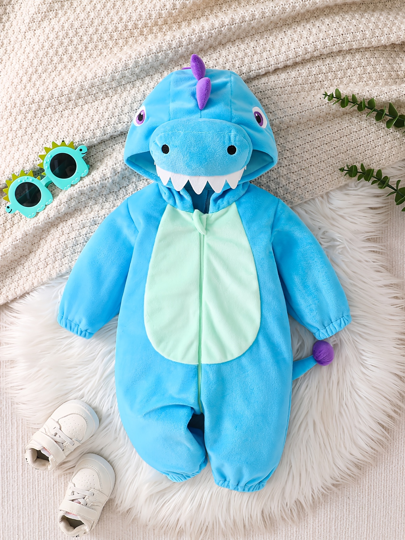 Autumn Winter Baby Warm Plush Romper, Cute Blue Purple Dinosaur Hooded Creeper with 3D Dorsal Fin Tail And Teeth Decoration, Unisex Blue Dinosaur Romper for Baby Outing Windproof Warm Bodysuit, Cute 3D Hooded Tail Warm Infant Crawling Outfit - Image 2
