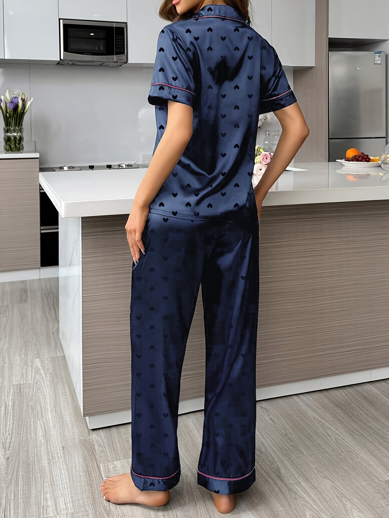 2026 Women'S Navy Blue Satin Pajama Set with Heart Pattern - Short Sleeve, Button-Up, Wide-Leg Lounge Wear, All-Season Comfort, Casual Sleepwear|Elegant Sleepwear|Polyester Fabric Game Day Pajamas, Football Fan Gear, Perfect for All Fans on Match Day - Image 2