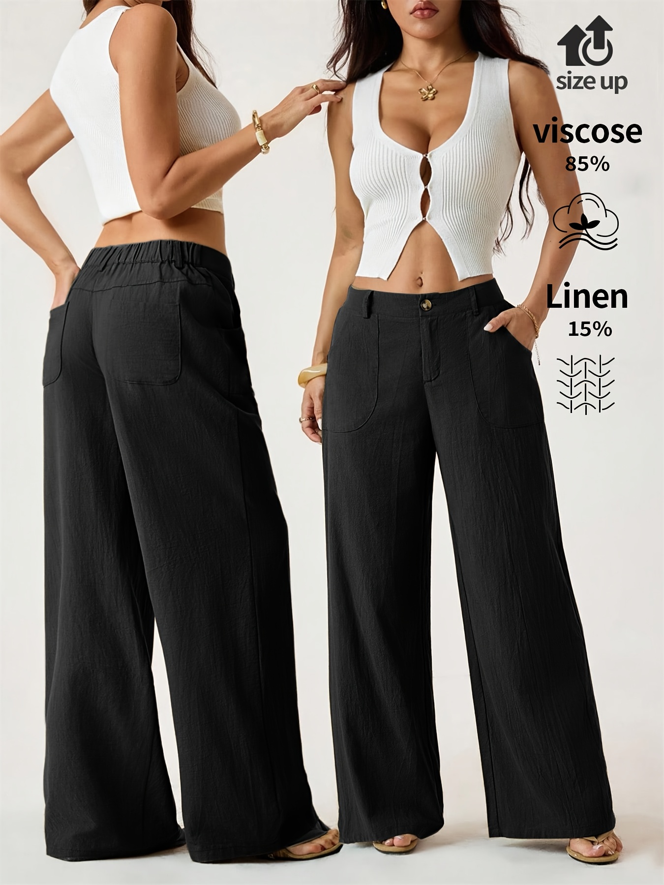 Linen Wide Leg Pants Women's High Waisted Summer Trousers, French Vintage Breathable Loose Casual Pants for Vacation - Image 2