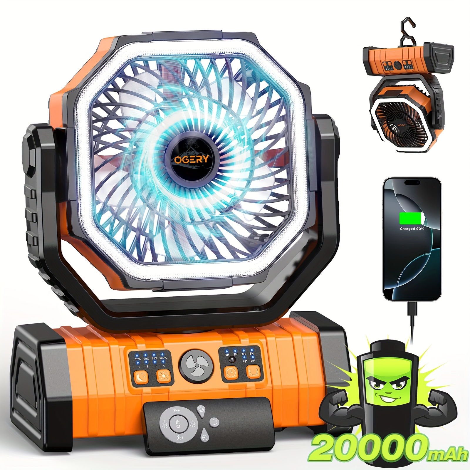 20000mAh Portable Camping Fan & Lantern Suitable for Tent, Travel, Car, Outdoor - Rechargeable Oscillating Ceiling/Ceiling Fan with Remote, Stable Handle, 4-Speed, Ultra-Long Battery Life for Picnic, Bedroom, RV - Image 5