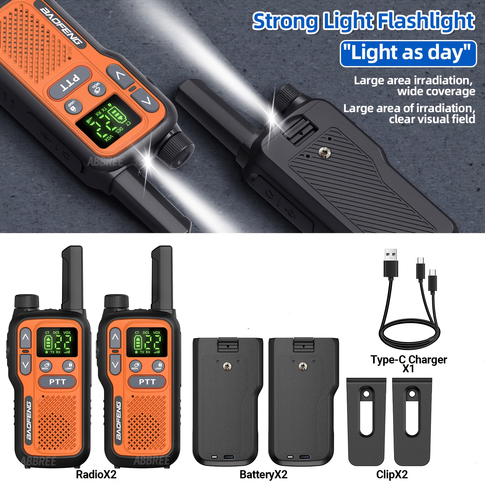 BAOFENG Walkie Talkies for Adults with 22 FRS Channels & LCD Display, VOX Scan/Scan Function, USB-C & Li-ion Battery, for Hiking, Camping, Family, Outdoor, USB- Flashlight (VOX Activation) - Image 3