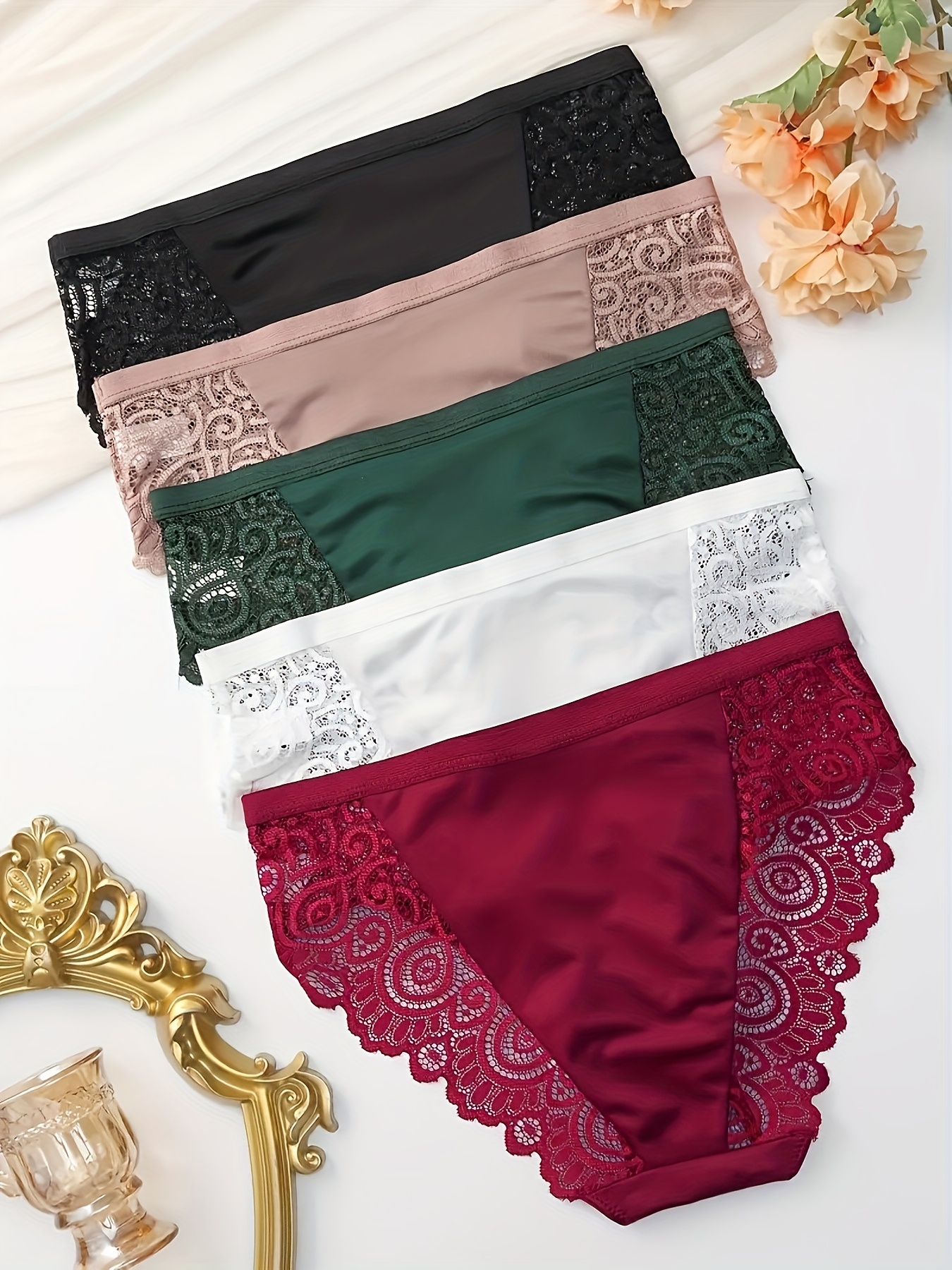 6-Pack Floral Mid-Rise Women'S Panties -Stretchy, Comfortable, And Breathable Underwear Featuring Contrasting Floral Accents, A Solid-Color Mid-Rise Design, And A Smooth Texture; Suitable for Yoga, Workouts, And Casual Sports. - Image 2