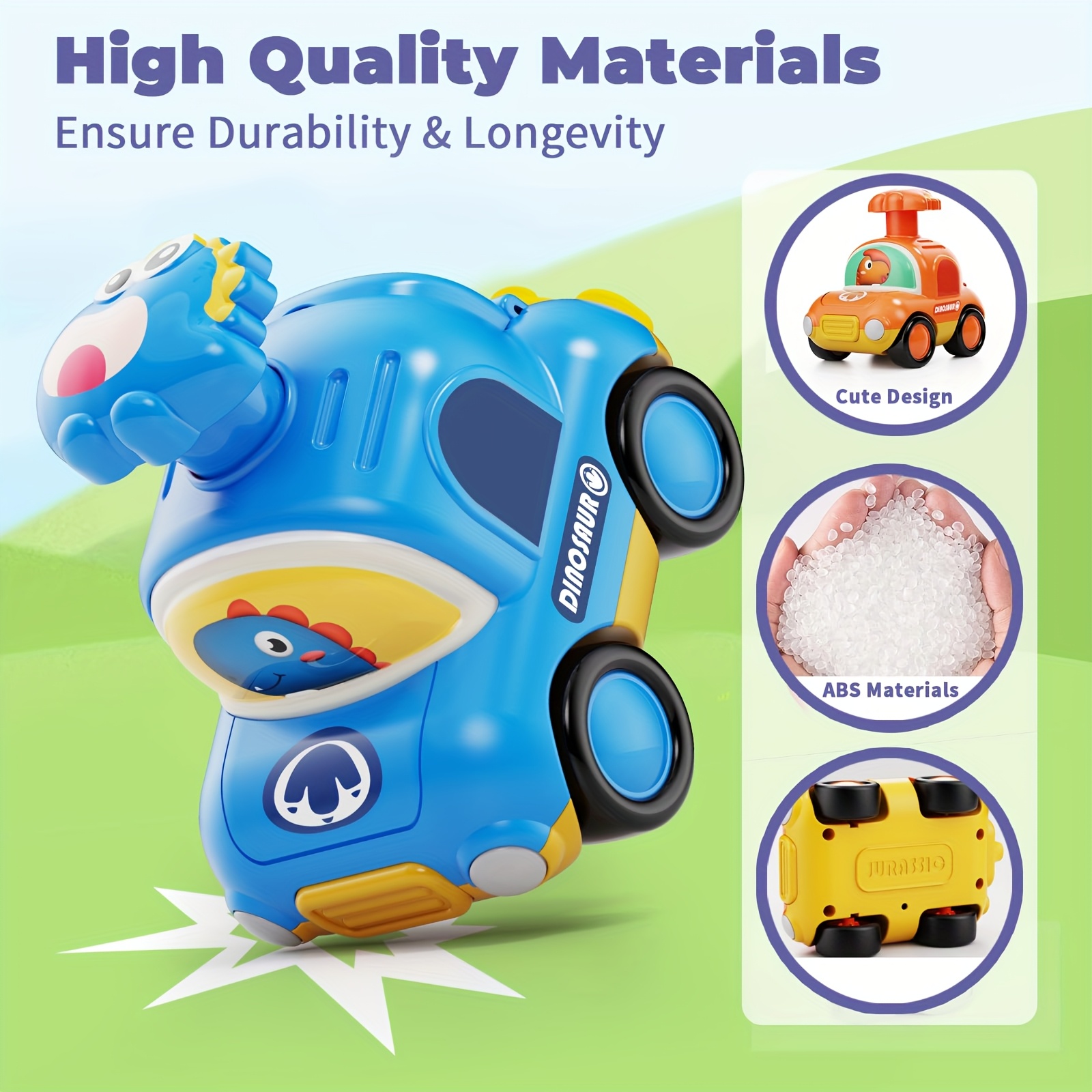 Push & Go Dinosaur Taxi Car - Manual Pull-Back Friction Motorized Toy Vehicle, No Batteries Needed, for Toddlers & Kids Ages 18 Months+, Birthday/Christmas/Easter Gift (Red, Green, Blue, Yellow,) - Develops Motor Skills & Coordination, Toddler Play Cars, Dinosaurthemed Cars, Nonelectric Cars - Image 7
