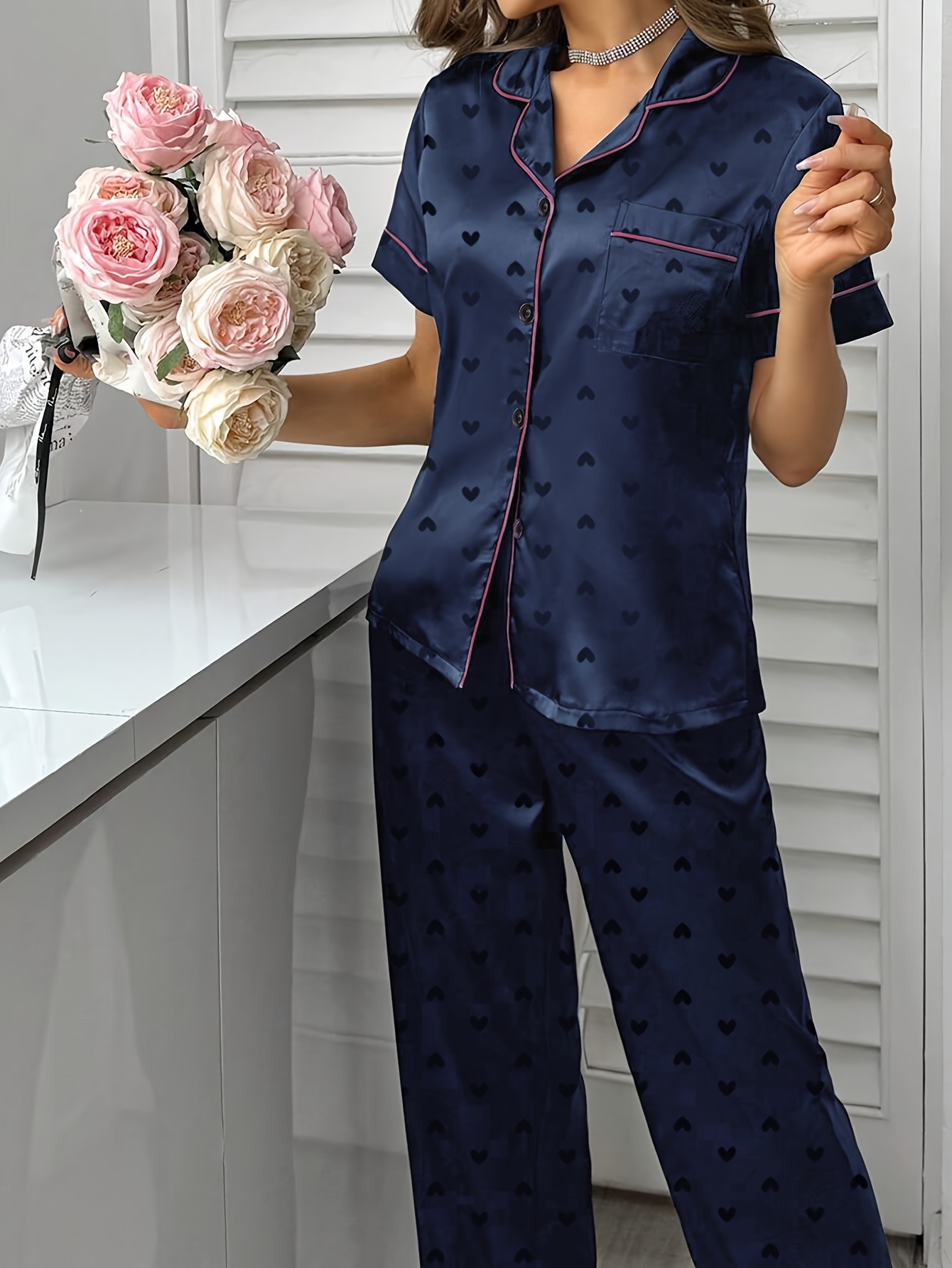 2026 Women'S Navy Blue Satin Pajama Set with Heart Pattern - Short Sleeve, Button-Up, Wide-Leg Lounge Wear, All-Season Comfort, Casual Sleepwear|Elegant Sleepwear|Polyester Fabric Game Day Pajamas, Football Fan Gear, Perfect for All Fans on Match Day - Image 4
