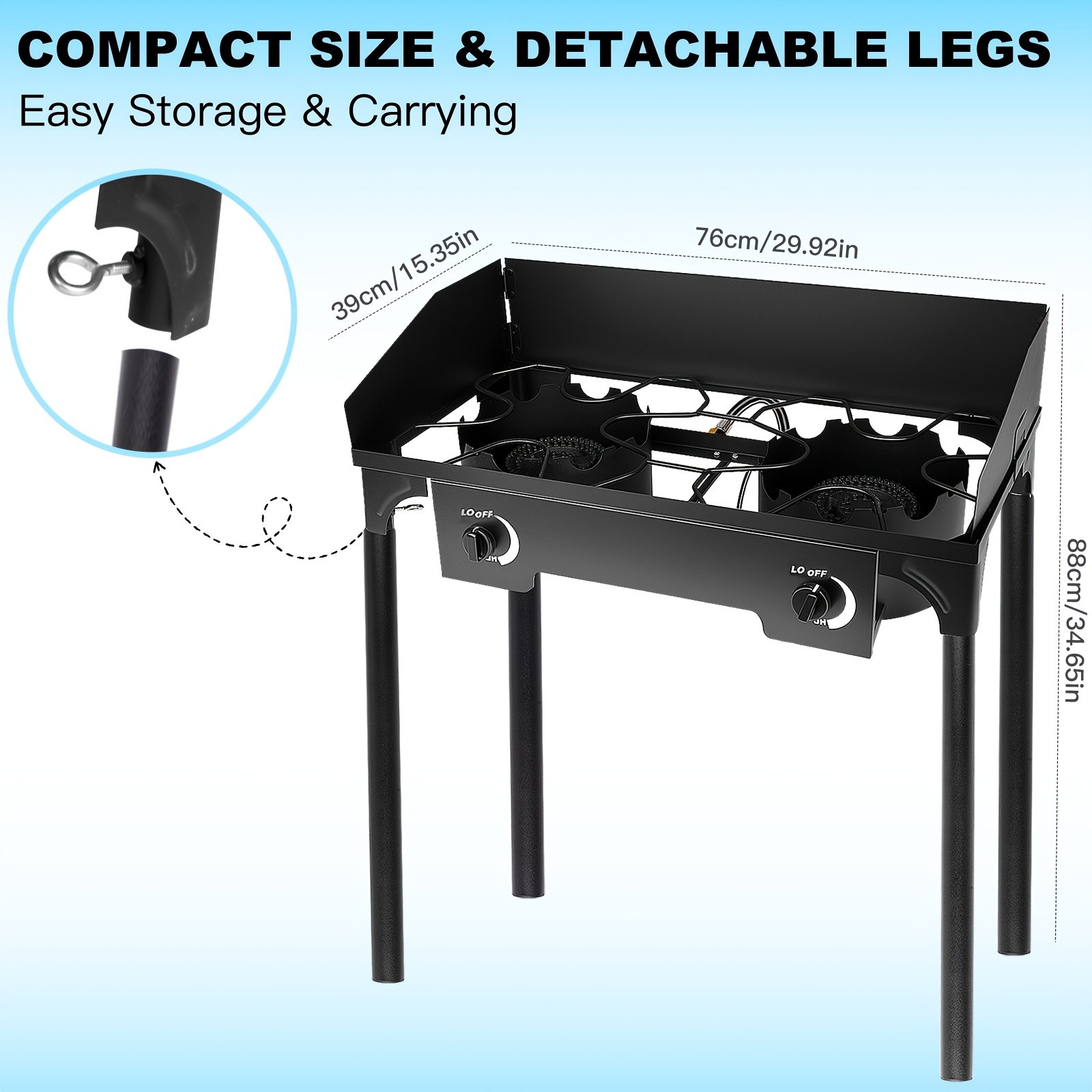 Cast Iron Outdoor Gas Stove | Portable Propane Cooktop with Blue Flame Control, Removable Legs, Temperature Control Knobs, Wind Panel, Hose, Regulator & Storage Carry Case - Image 2