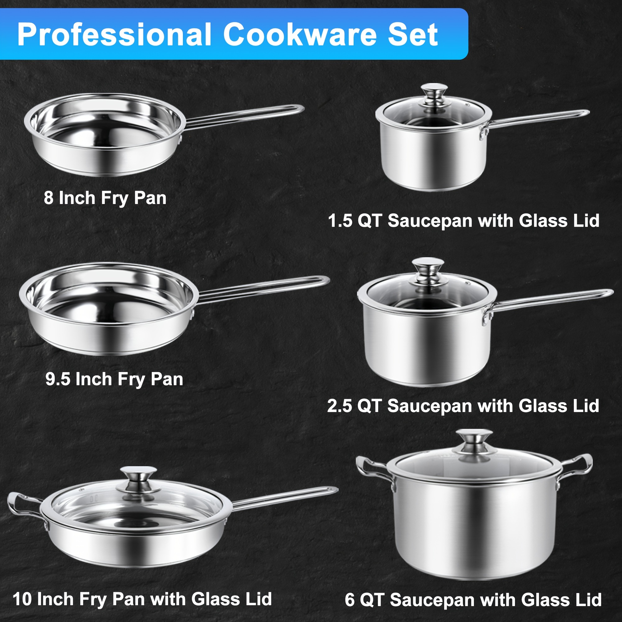 10 Pieces Stainless Steel Pots And Pans Set - Kitchen Cookware Sets, Induction Compatible - For All Stovetops - Suitable for Everyday Cooking - Ideal Gift for New Homeowners & Cooking Enthusiasts - Image 2