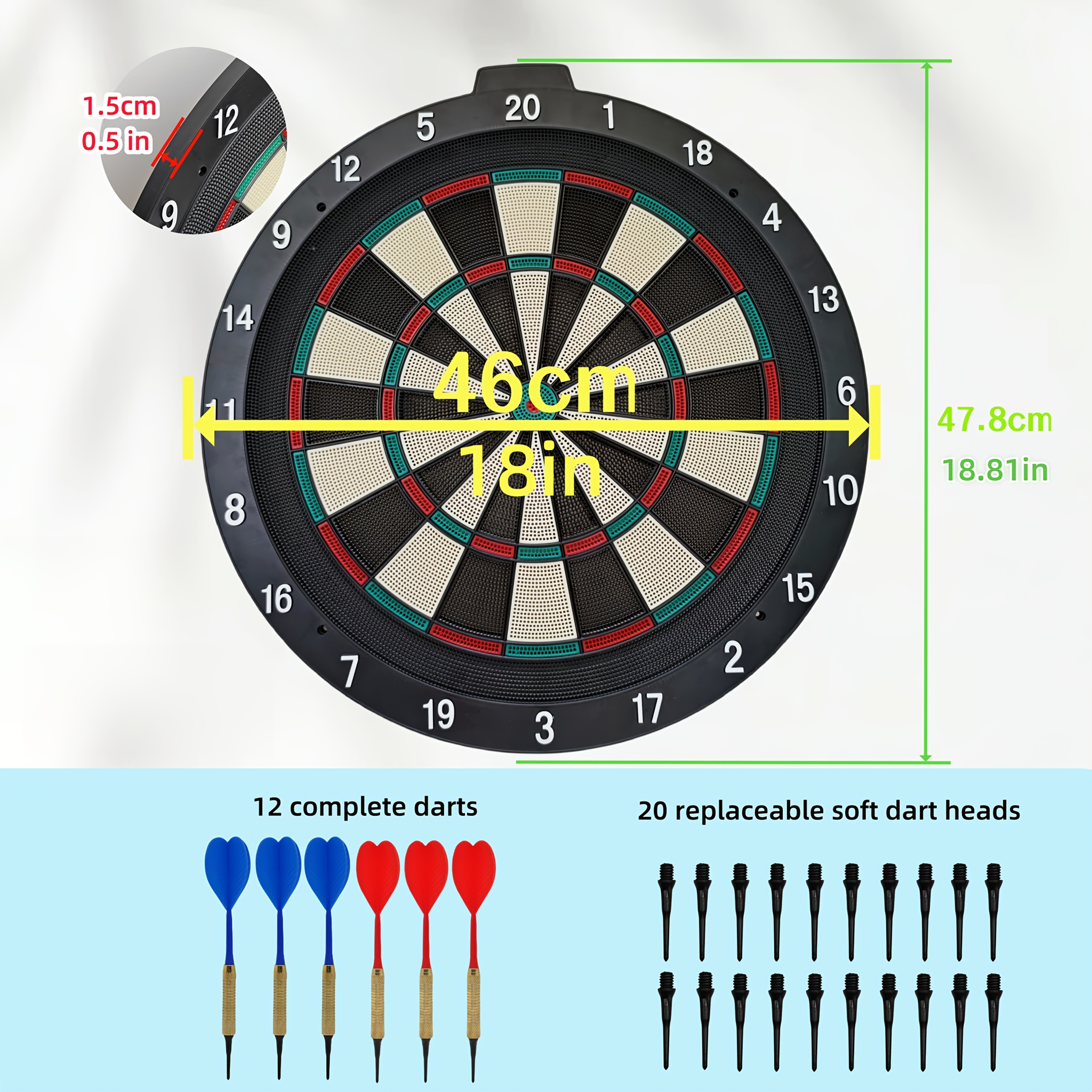 18-Inch Premium Black Safety Dartboard with 6 Exquisite Dart Set and 20 Soft-Tipped Darts - Ideal for Sports Training, Competitions, and Casual Use, Suitable for Indoor/Outdoor, Without Battery - Image 6