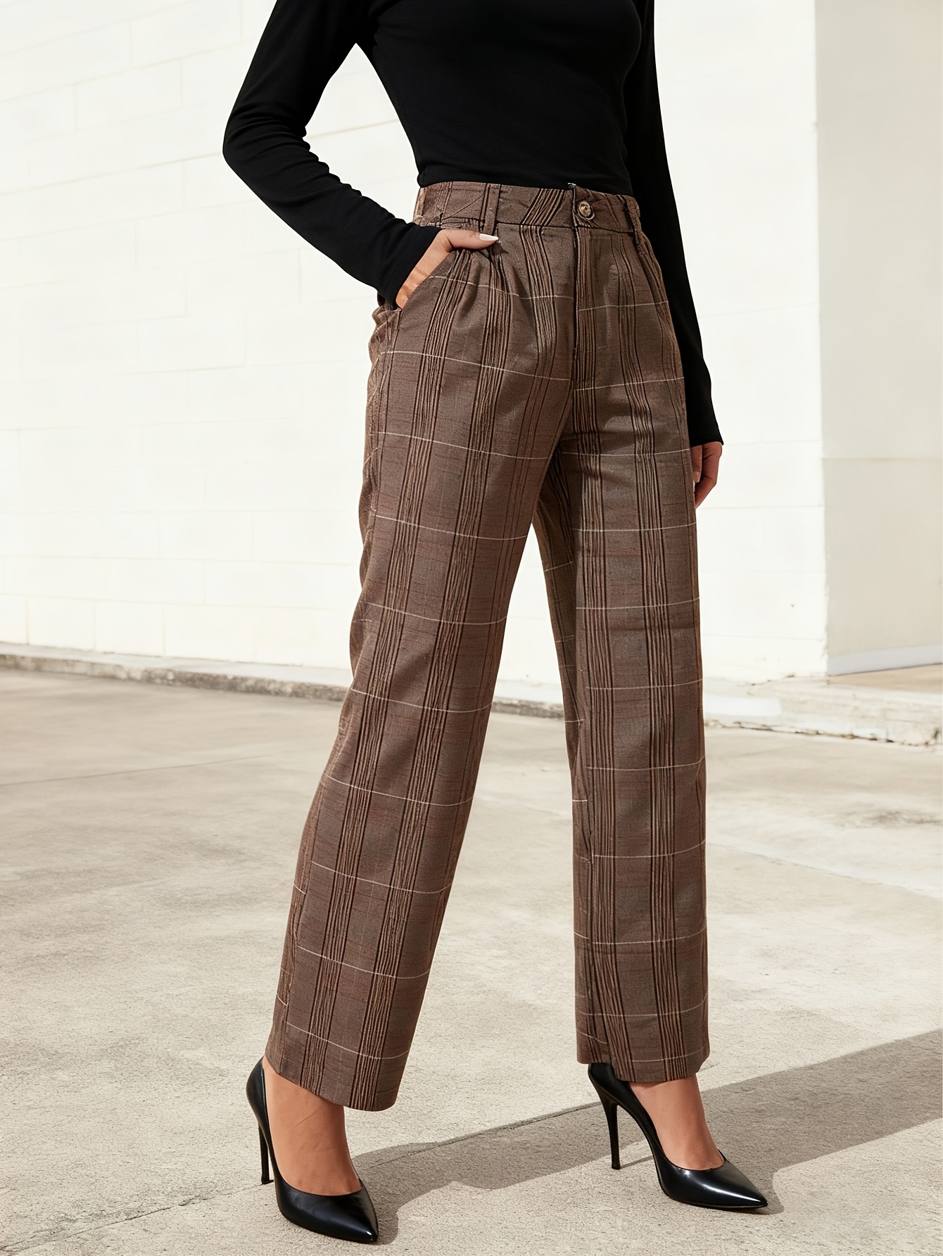 Coffee Brown Plaid Mid-Waist Dress Pants Women'S Formal Office Trousers Mid-Season Wardrobe Essential - Image 6