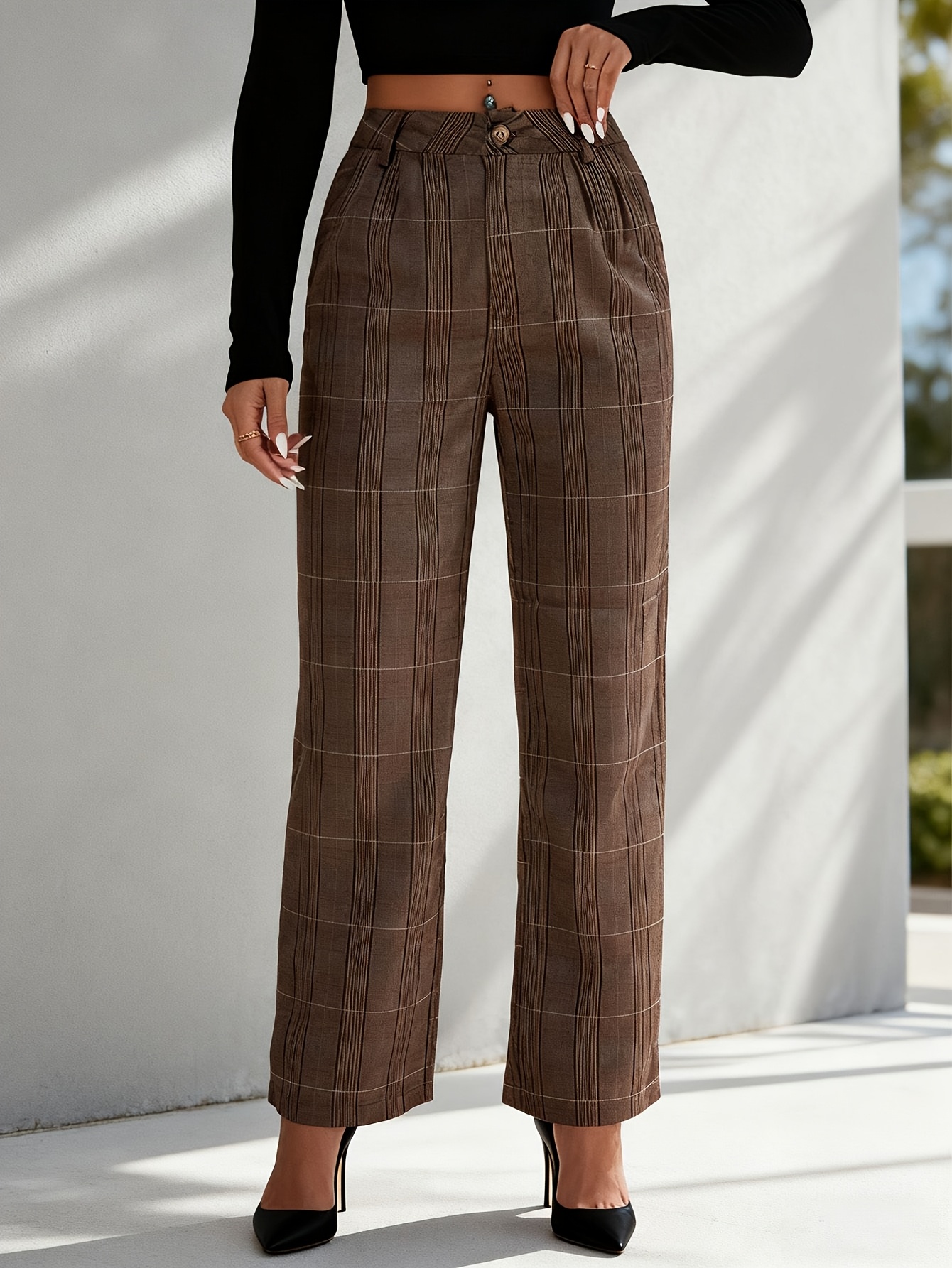 Coffee Brown Plaid Mid-Waist Dress Pants Women'S Formal Office Trousers Mid-Season Wardrobe Essential - Image 5