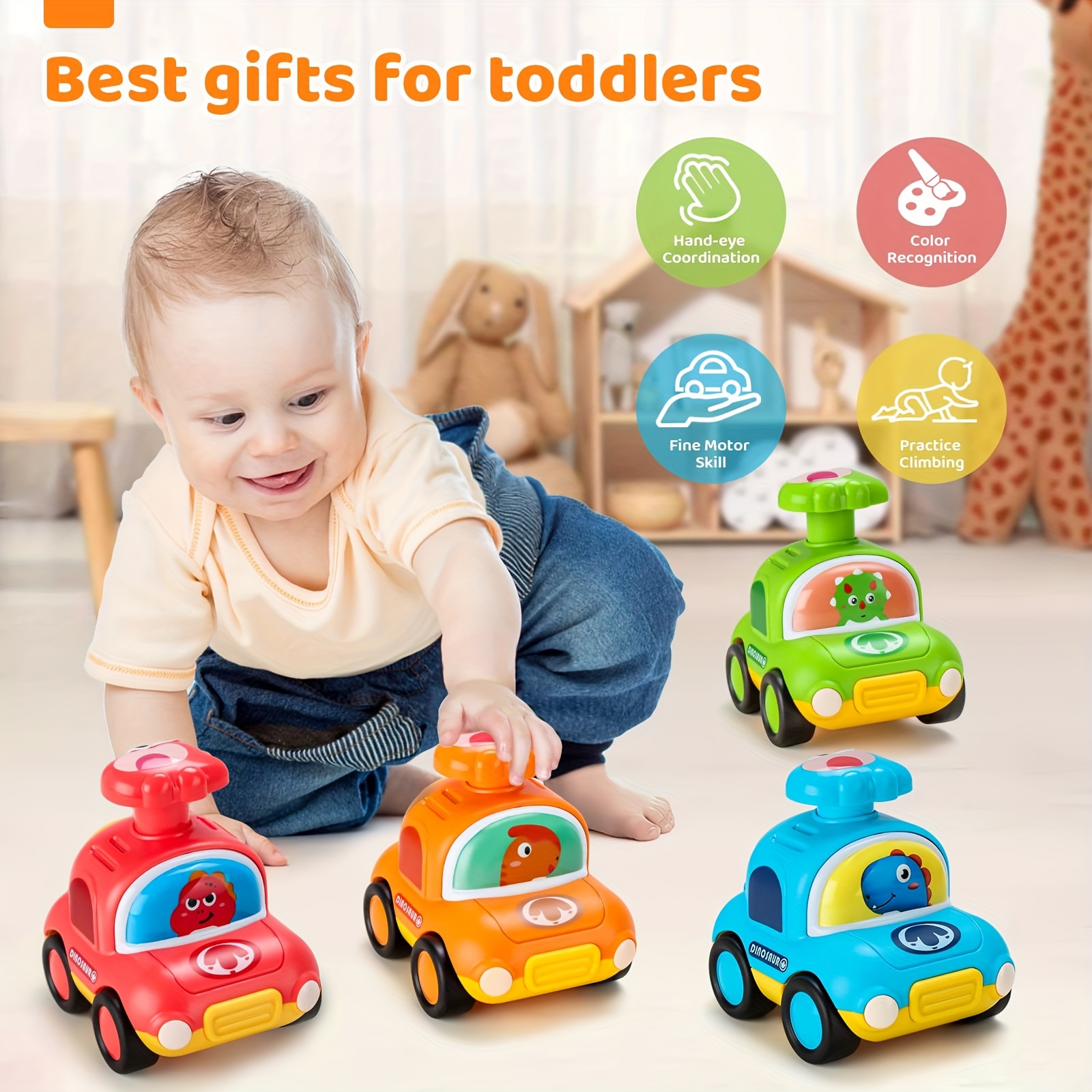 Push & Go Dinosaur Taxi Car - Manual Pull-Back Friction Motorized Toy Vehicle, No Batteries Needed, for Toddlers & Kids Ages 18 Months+, Birthday/Christmas/Easter Gift (Red, Green, Blue, Yellow,) - Develops Motor Skills & Coordination, Toddler Play Cars, Dinosaurthemed Cars, Nonelectric Cars - Image 13
