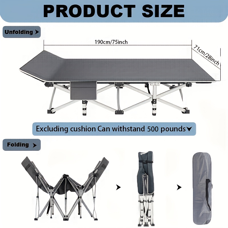 75 Inch Outdoor Folding Bed, Extra-Large And Thickened Camping Bed with Or Without Flip Mattress, Portable Foldable Guest Bed, 450/500/600 Pound Load-Bearing Capacity, Heavy-Duty Camping Cot with Handbag, Suitable for Adults, Outdoor Solely - Image 12
