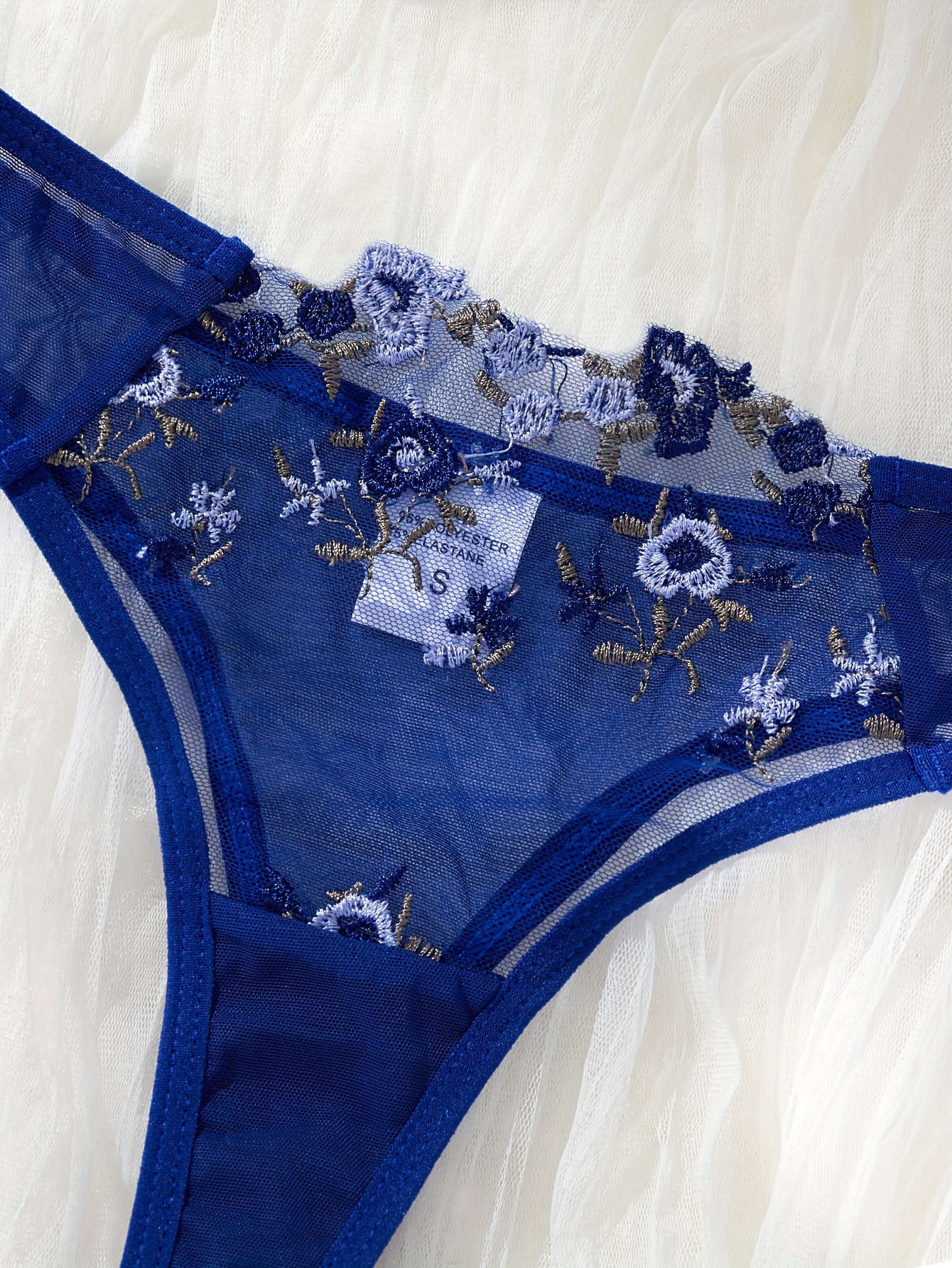 1 Set of Blue Thin Mesh French Embroidered Women'S Two-Piece Set, Nude-Feeling Skin-Friendly, Not Picky about Body Shape, Comfortable Underwear And Briefs - Image 6