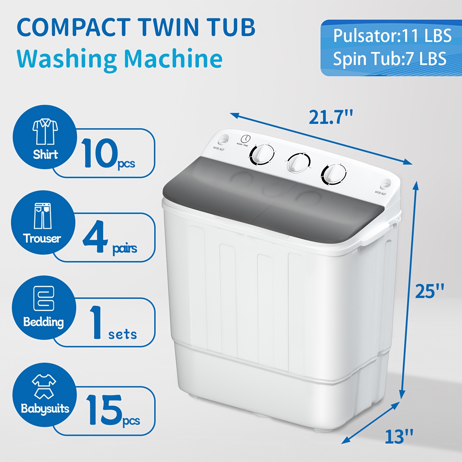 18/ 22/ 32Lbs Capacity Compact Mini Portable Double Drum Washer, Washing Machine, Free 8 Hangers And 1 Drying Rod - Saves Space, 1300 RPM, Saves Energy And Takes Care of Your Clothes - Great for Small Loads, Camping And Caravanning, Christmas Gift - Image 4