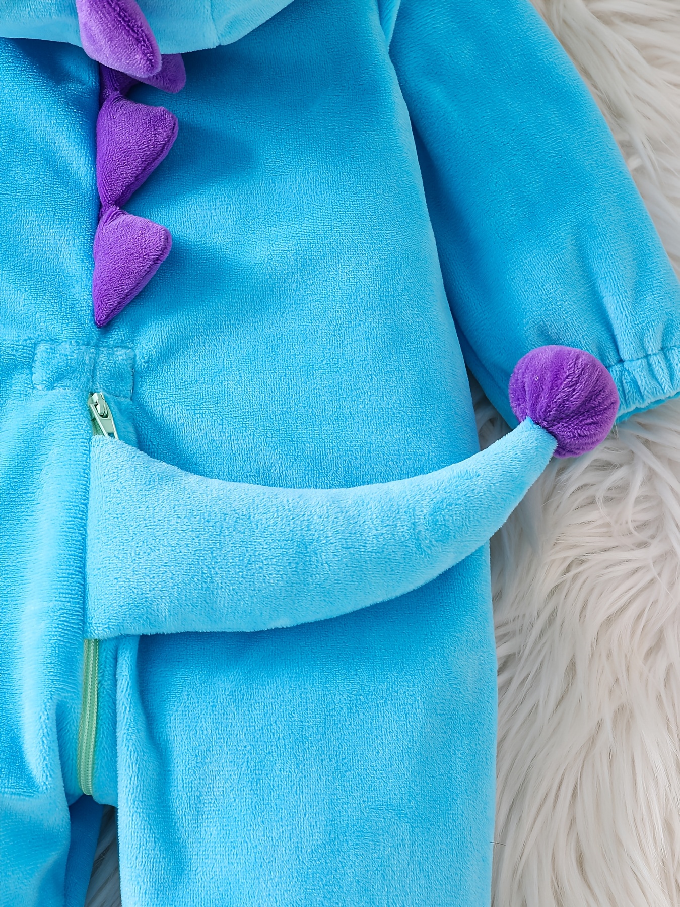 Autumn Winter Baby Warm Plush Romper, Cute Blue Purple Dinosaur Hooded Creeper with 3D Dorsal Fin Tail And Teeth Decoration, Unisex Blue Dinosaur Romper for Baby Outing Windproof Warm Bodysuit, Cute 3D Hooded Tail Warm Infant Crawling Outfit - Image 5