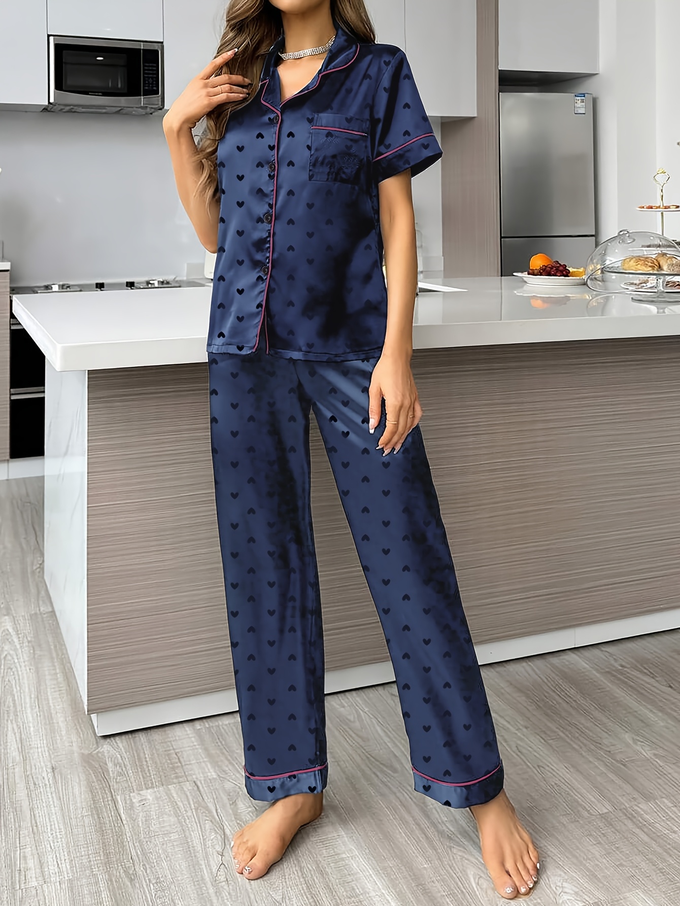 2026 Women'S Navy Blue Satin Pajama Set with Heart Pattern - Short Sleeve, Button-Up, Wide-Leg Lounge Wear, All-Season Comfort, Casual Sleepwear|Elegant Sleepwear|Polyester Fabric Game Day Pajamas, Football Fan Gear, Perfect for All Fans on Match Day - Image 5