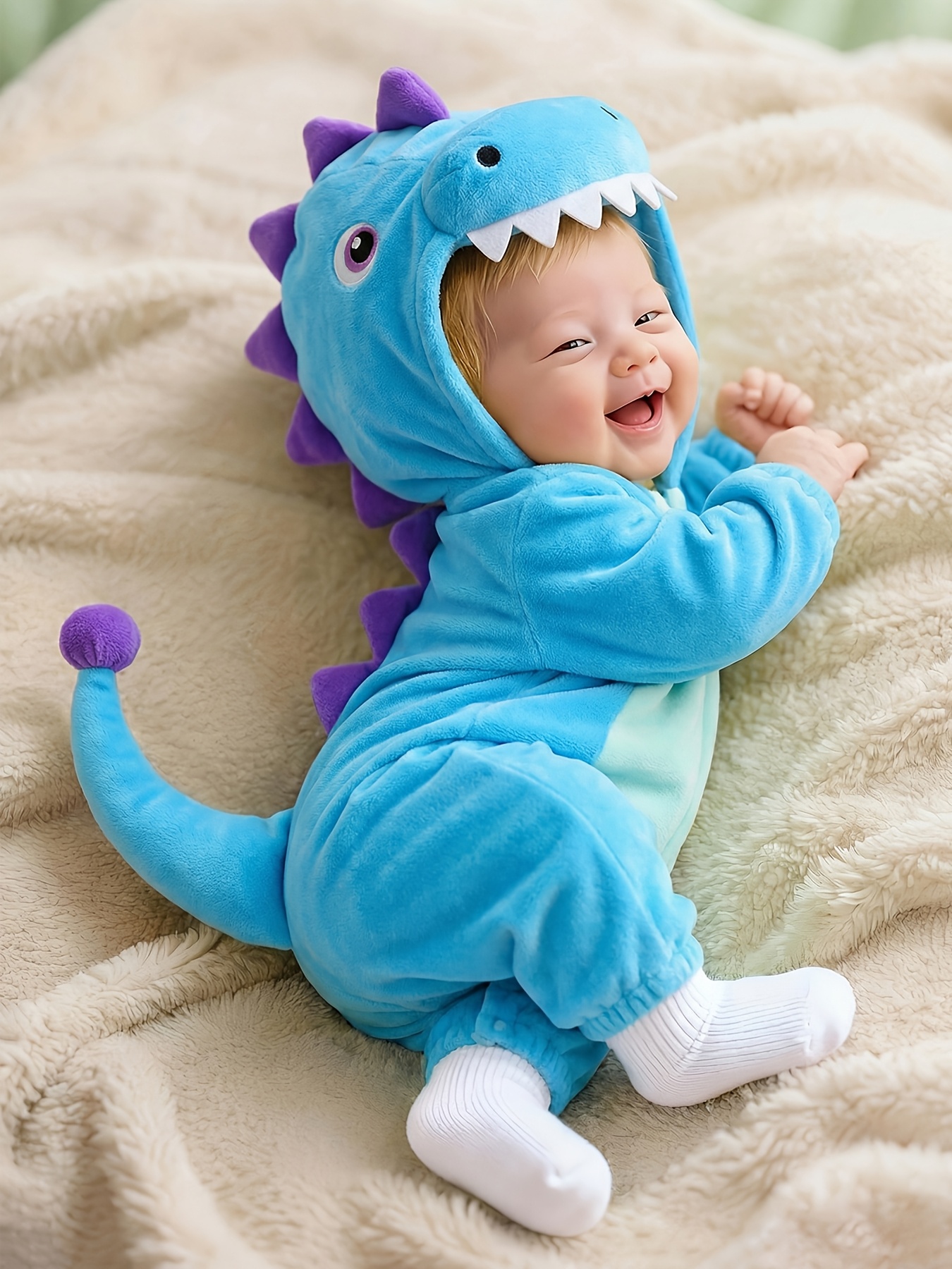 Autumn Winter Baby Warm Plush Romper, Cute Blue Purple Dinosaur Hooded Creeper with 3D Dorsal Fin Tail And Teeth Decoration, Unisex Blue Dinosaur Romper for Baby Outing Windproof Warm Bodysuit, Cute 3D Hooded Tail Warm Infant Crawling Outfit