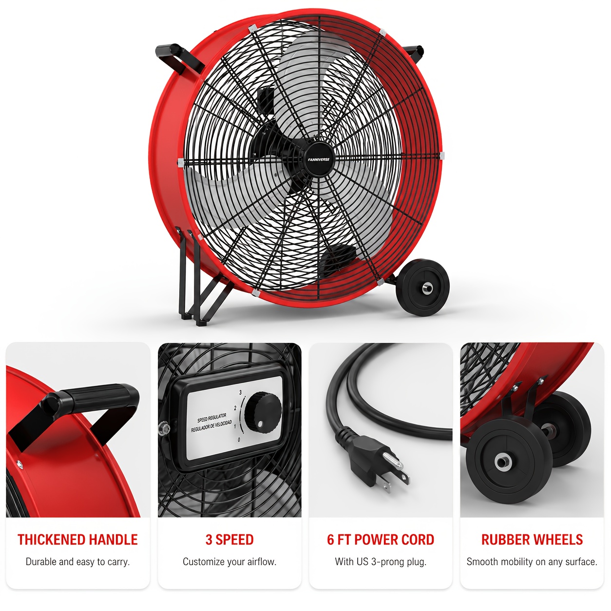 18/30" Floor Fan Regenerative Blower, 14000 CFM High Velocity, 3-Speed, 5in Solid Wheel, Adjustable Tilt Mobile Industrial Floor Fan, Suitable for Construction, Construction Site, Garage, Open Air, Residential, Ideal for Home Improvement - Image 14