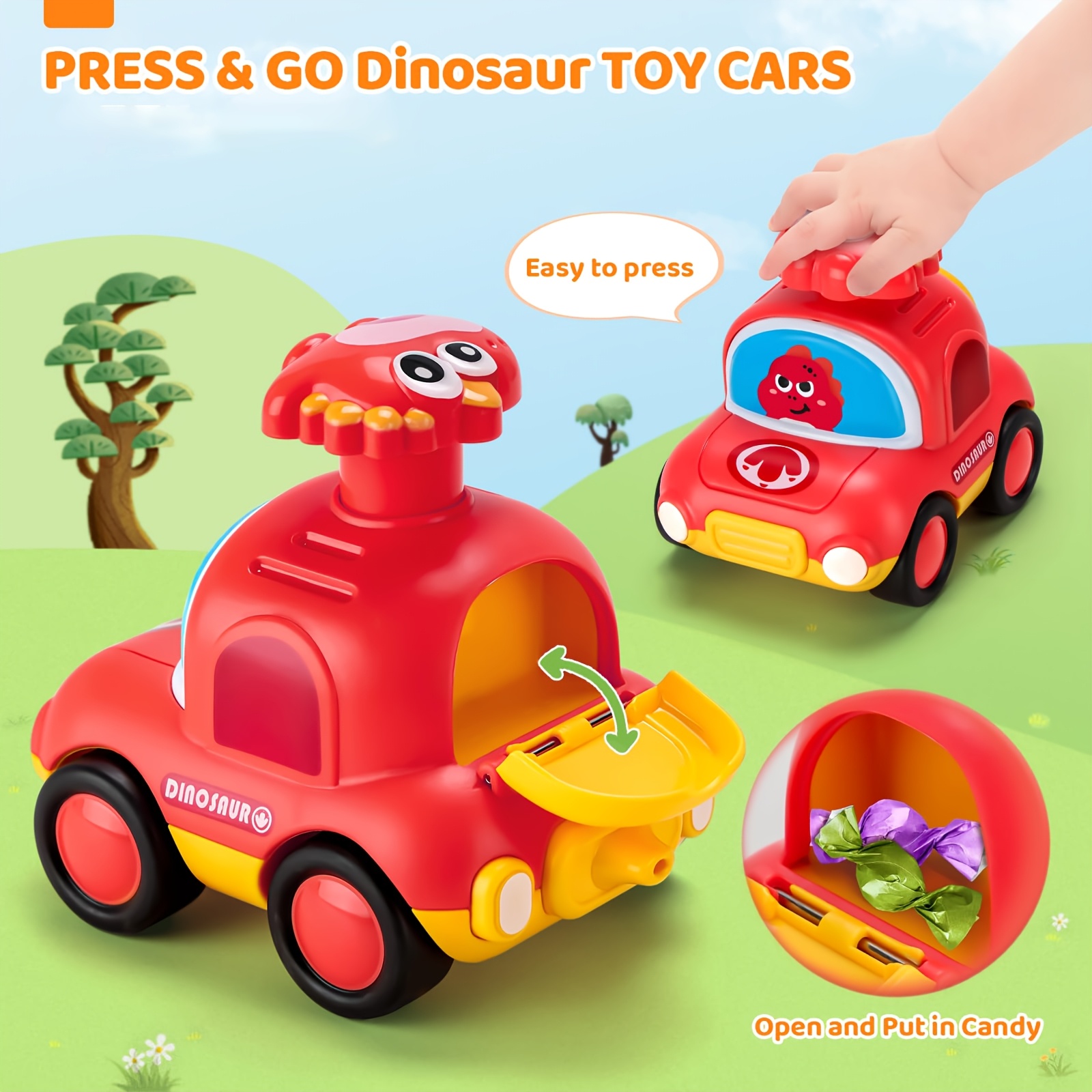 Push & Go Dinosaur Taxi Car - Manual Pull-Back Friction Motorized Toy Vehicle, No Batteries Needed, for Toddlers & Kids Ages 18 Months+, Birthday/Christmas/Easter Gift (Red, Green, Blue, Yellow,) - Develops Motor Skills & Coordination, Toddler Play Cars, Dinosaurthemed Cars, Nonelectric Cars - Image 12