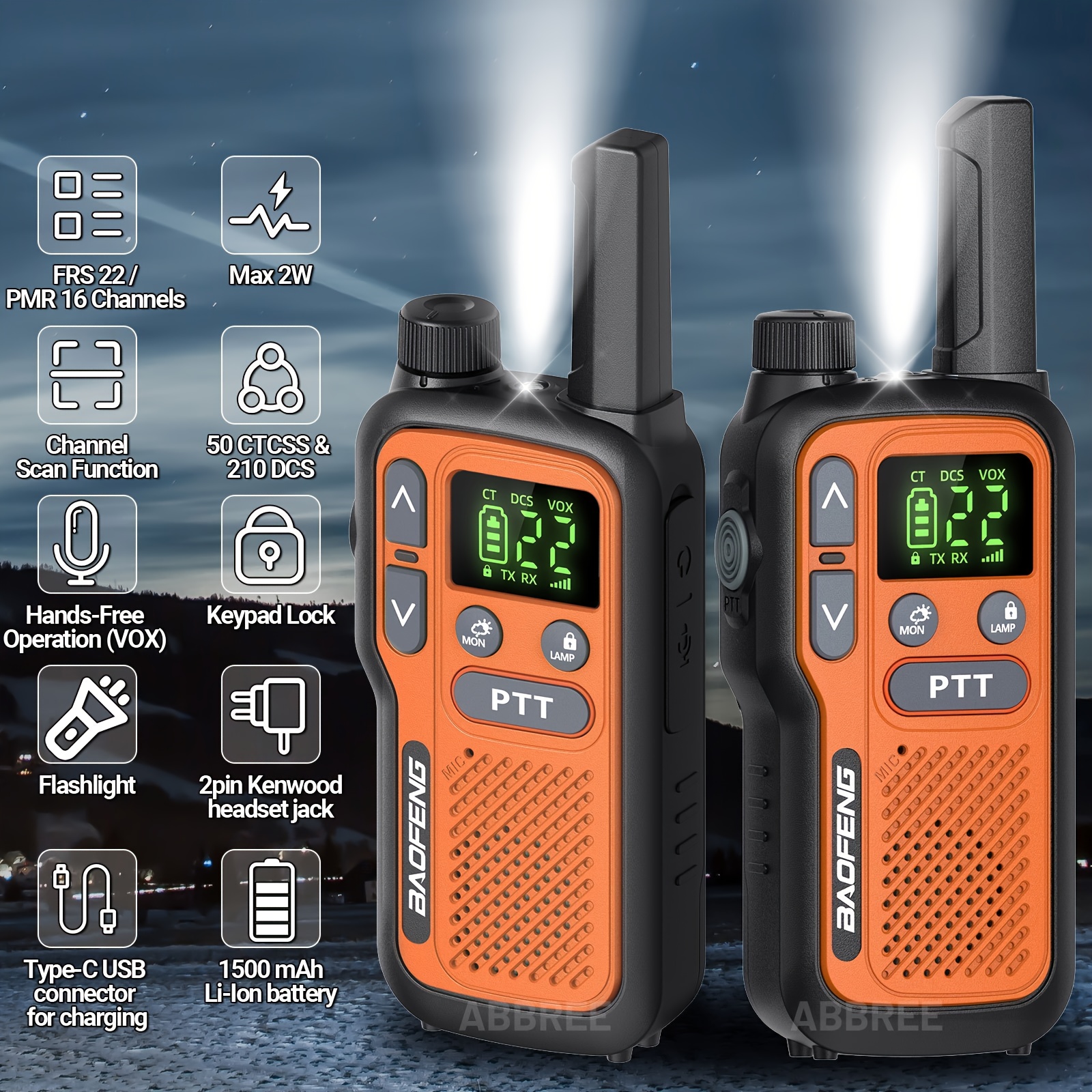 BAOFENG Walkie Talkies for Adults with 22 FRS Channels & LCD Display, VOX Scan/Scan Function, USB-C & Li-ion Battery, for Hiking, Camping, Family, Outdoor, USB- Flashlight (VOX Activation) - Image 6