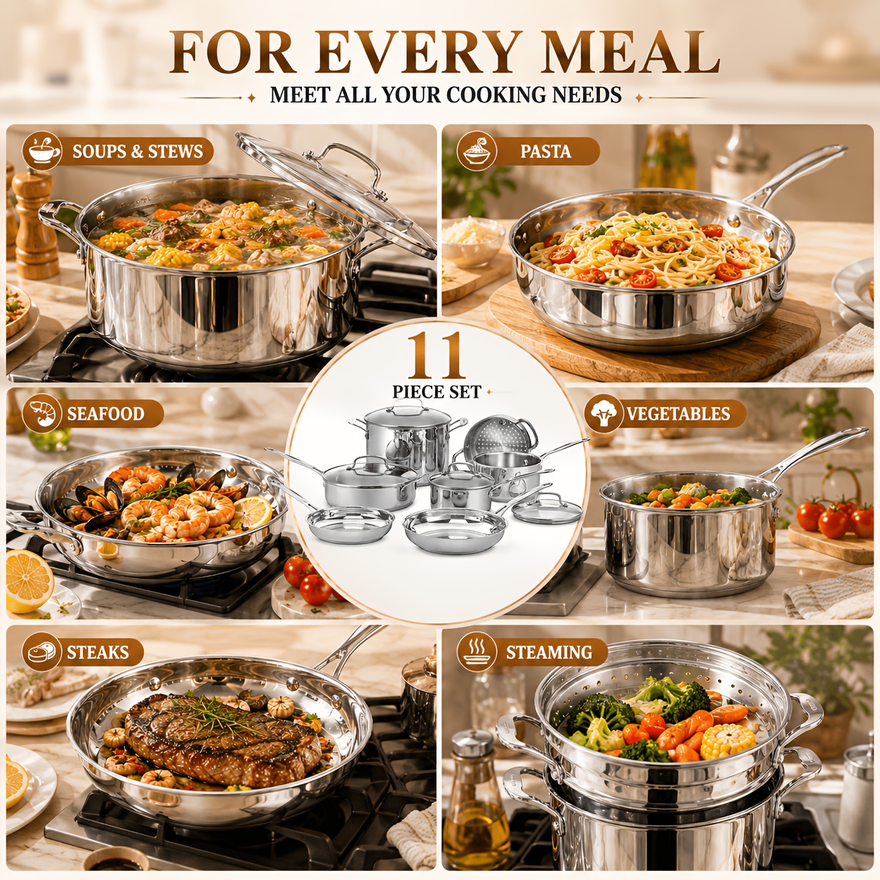 11pcs Stainless Steel Pots And Pans Set, Non-Toxic Kitchen Cookware Set with Glass Lids, Induction Compatible Cooking Set, Aluminum Core Fast Even Heating, Cool Touch Handles, Dishwasher Safe for Daily Cooking, Family Kitchen Essentials - Image 6