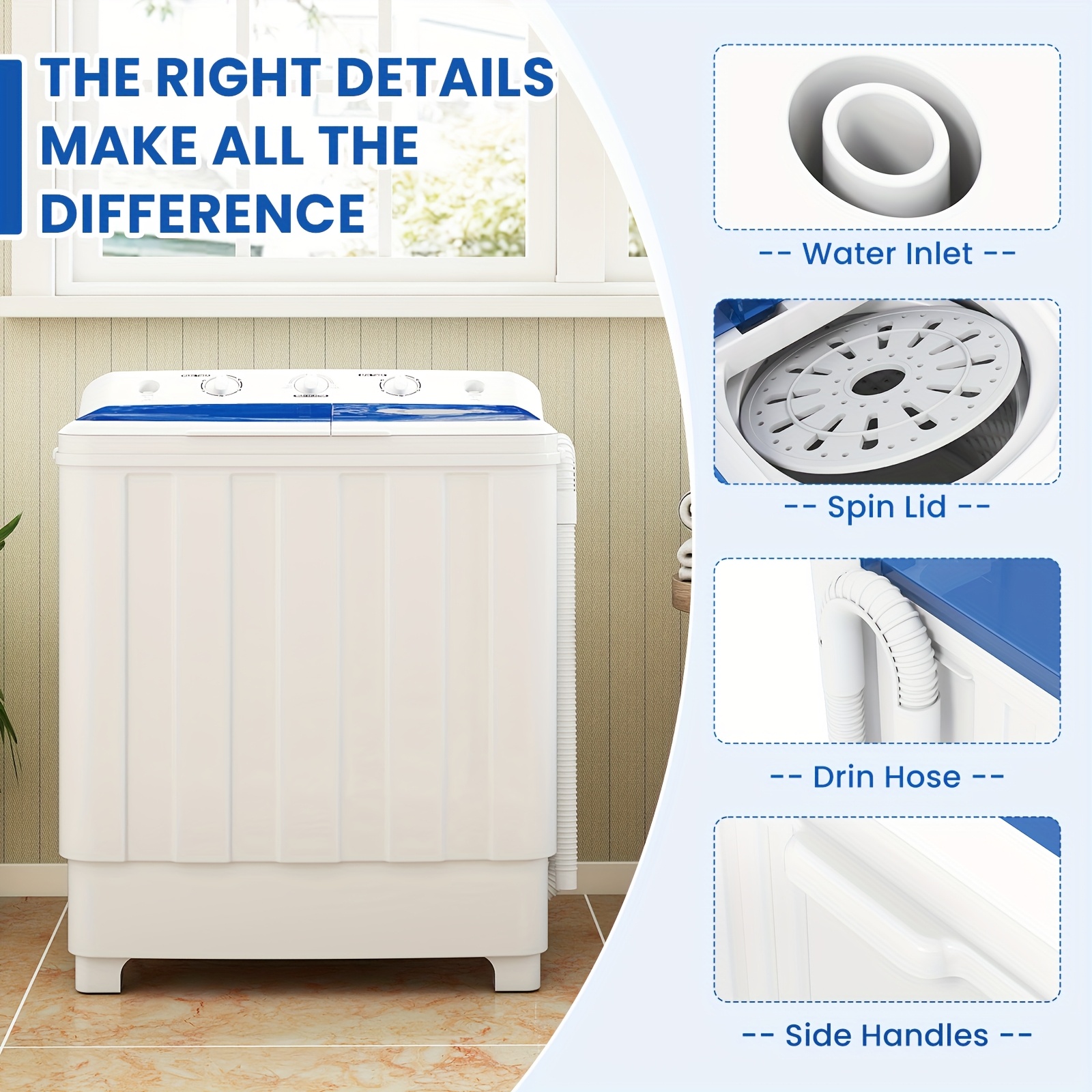 30Lbs Portable Washing Machine, Semi-automatic Compact Twin Tub Laundry Washer with Built-in Drain Pump, Time Control, 20Lbs Washer And 10Lbs Spin Dryer Combo for Apartments, Dorms, RVs - Image 4