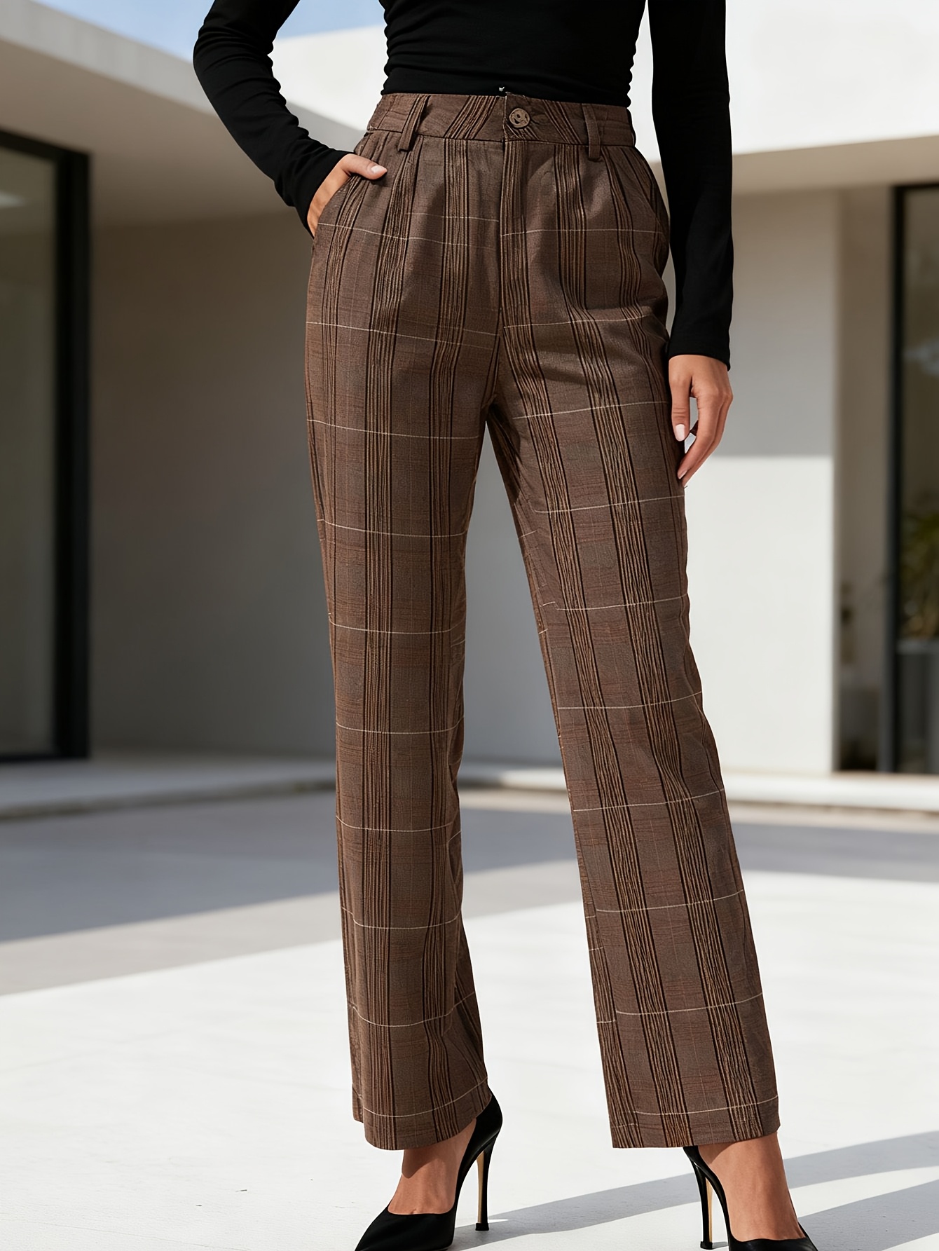 Coffee Brown Plaid Mid-Waist Dress Pants Women'S Formal Office Trousers Mid-Season Wardrobe Essential - Image 2