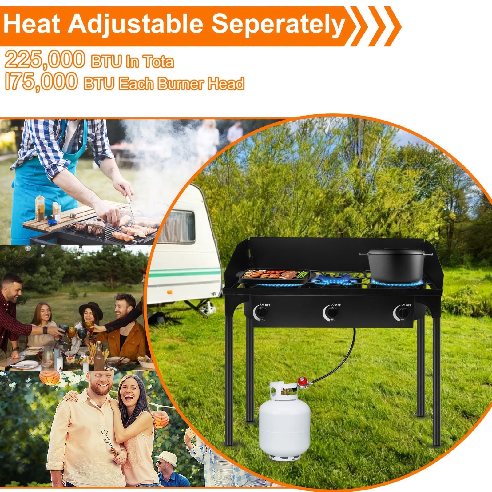 Cast Iron Outdoor Gas Stove | Portable Propane Cooktop with Blue Flame Control, Removable Legs, Temperature Control Knobs, Wind Panel, Hose, Regulator & Storage Carry Case - Image 9